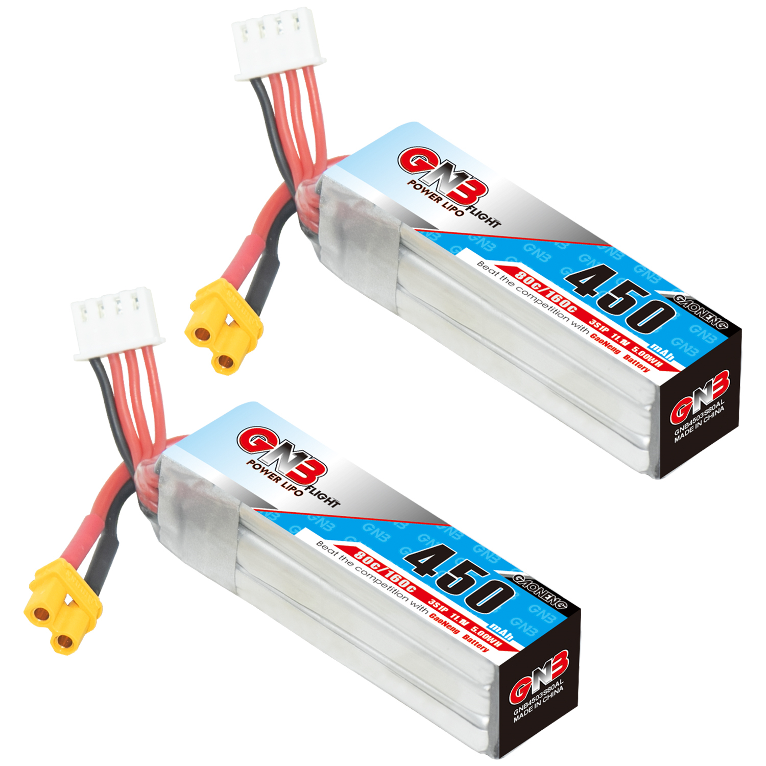 2PCS - GAONENG GNB 3S 11.1V 450mAh 80C XT30 LiPo Battery Long Type