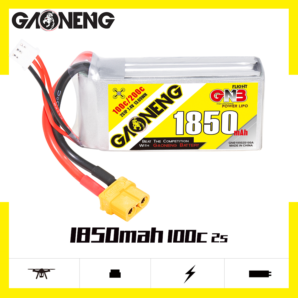 2PCS - GAONENG GNB 2S 7.4V 1850mAh 100C LiPo Battery XT60 Connector