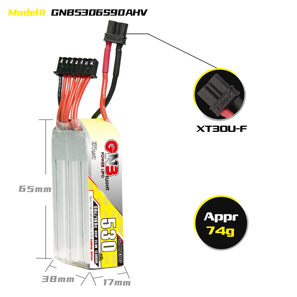 2PCS - GAONENG GNB LiHV 6S 22.8V 530mAh 90C XT30 LiPo Battery Long Type