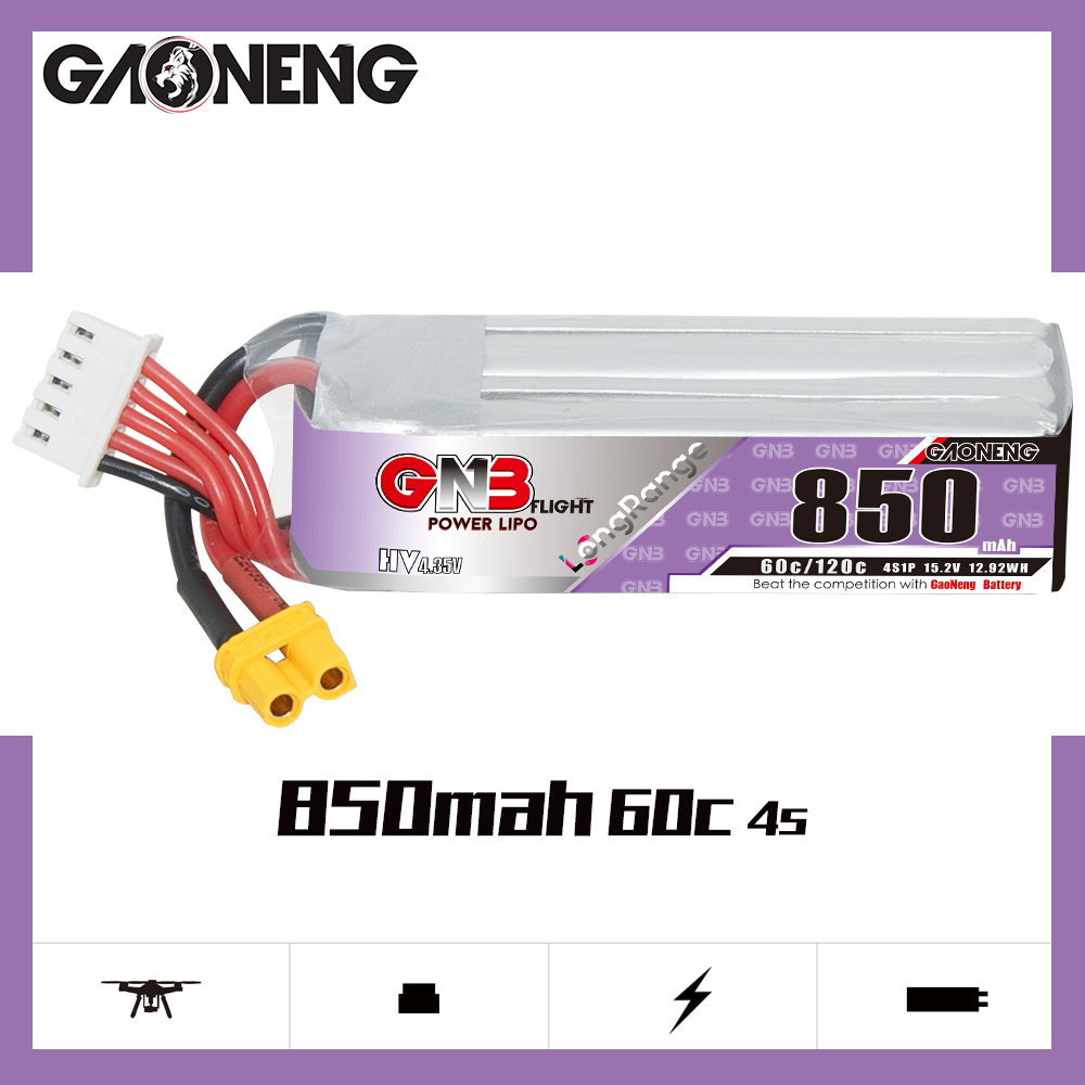 2PCS - GAONENG GNB LiHV 4S 15.2V 850mAh 60C XT30 LiPo Battery Long Type