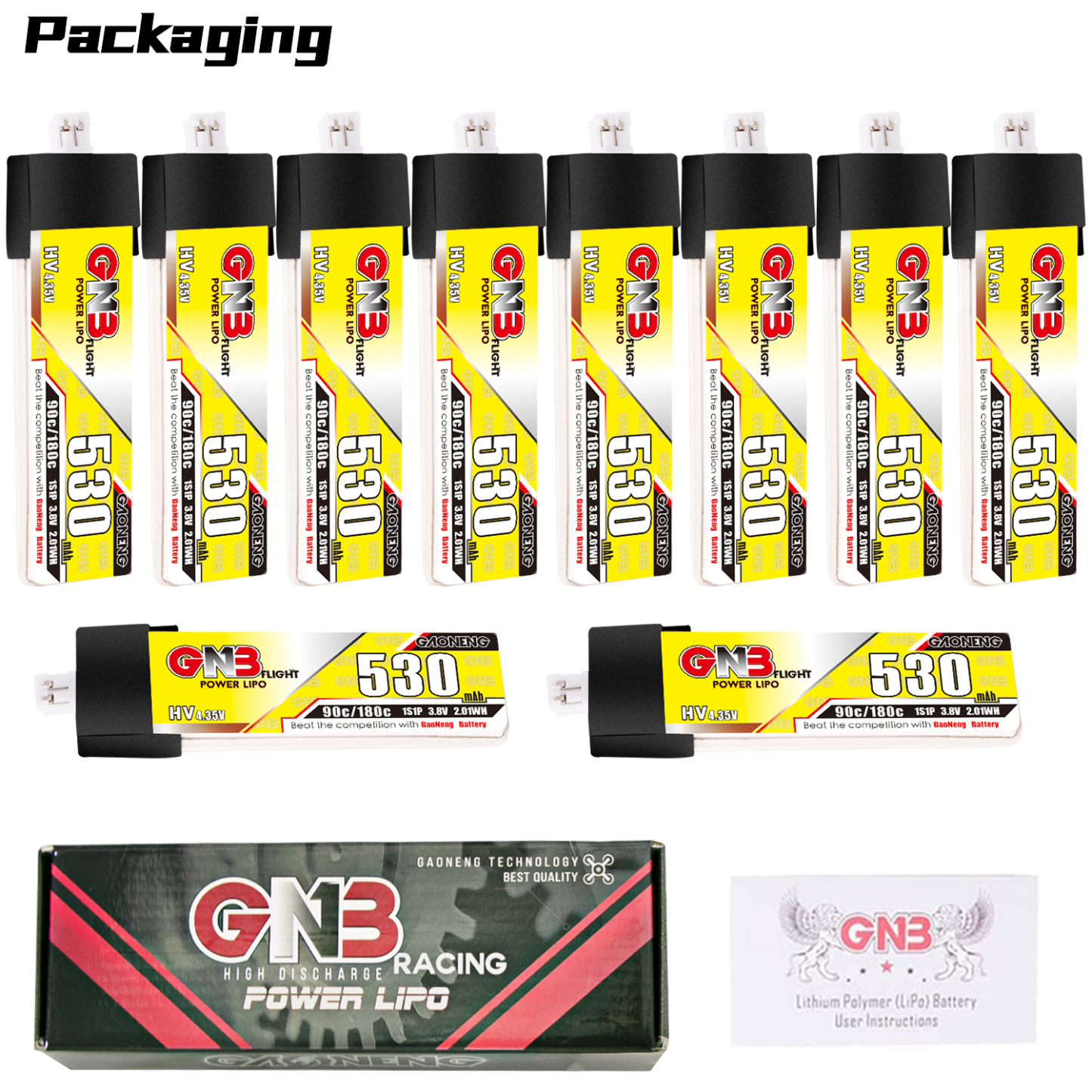 GAONENG GNB LiHV 1S 3.8V 530mAh 90C PH2.0 Plastic Head LiPo Battery