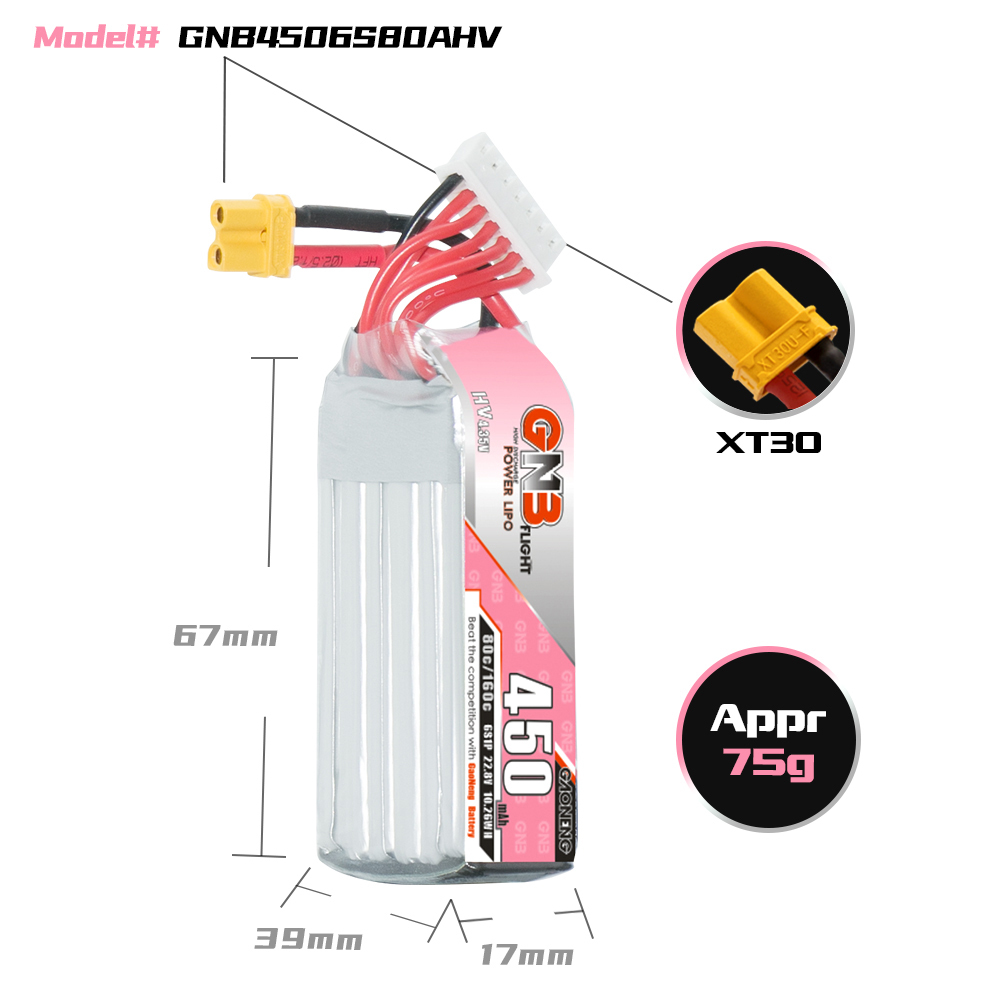 GAONENG GNB LiHV 6S 22.8V 450mAh 80C XT30 LiPo Battery Long Type