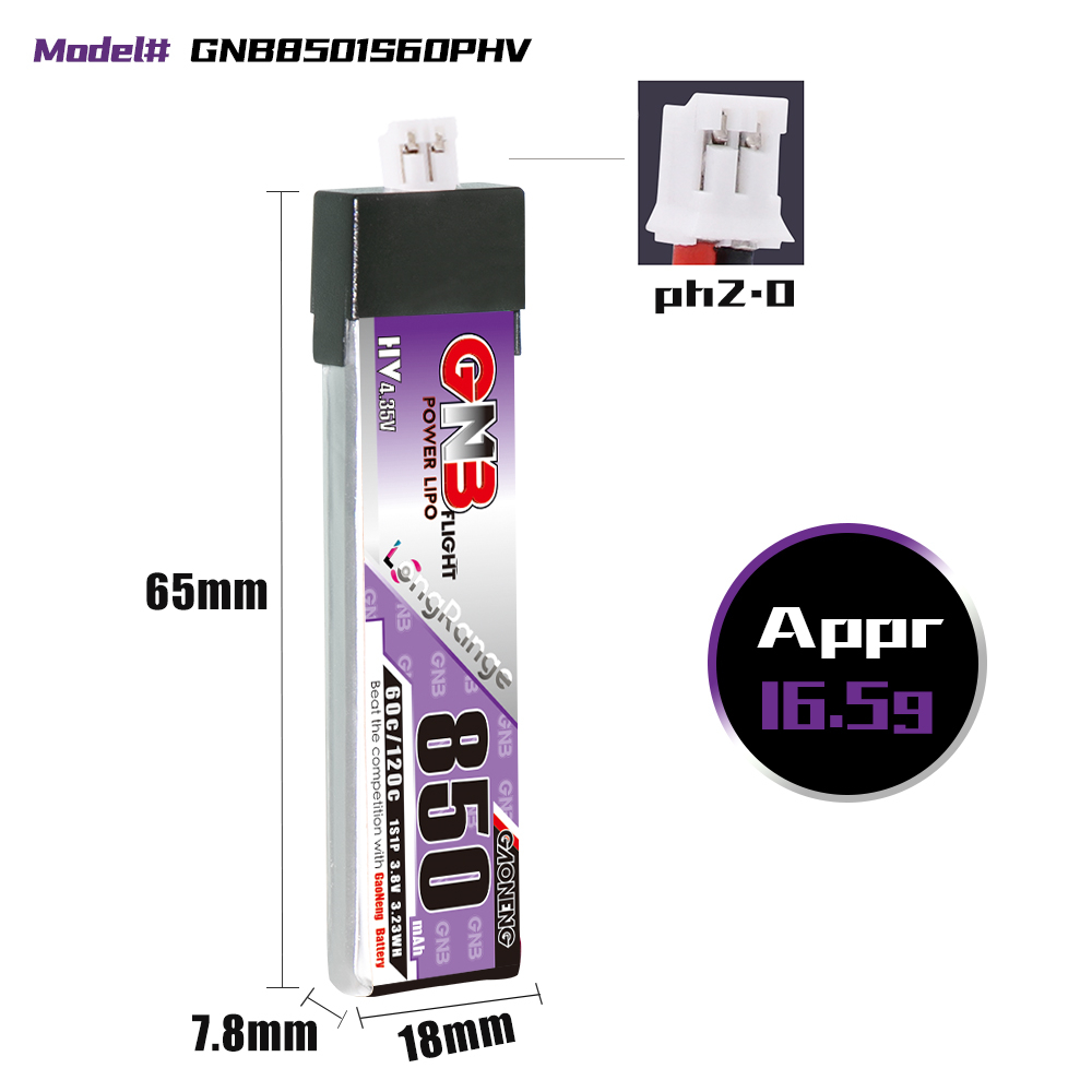 GAONENG GNB LiHV 1S 3.8V 850mAh 60C PH2.0 Plastic Head LiPo Battery Long Range