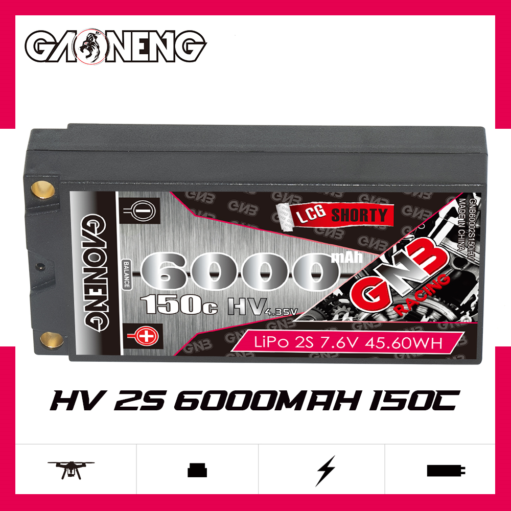 GAONENG GNB LiHV 2S 7.6V 6000mAh 150C LCG Shorty Pack 5mm Bullet Hard Case LiPo Battery