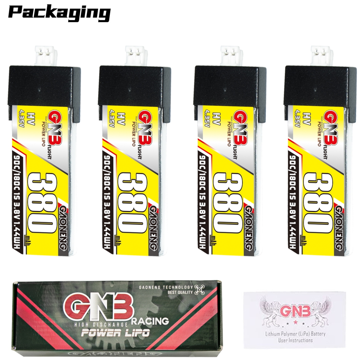 GAONENG GNB LiHV 1S 3.8V 380mAh 90C PH2.0 Plastic Head LiPo Battery