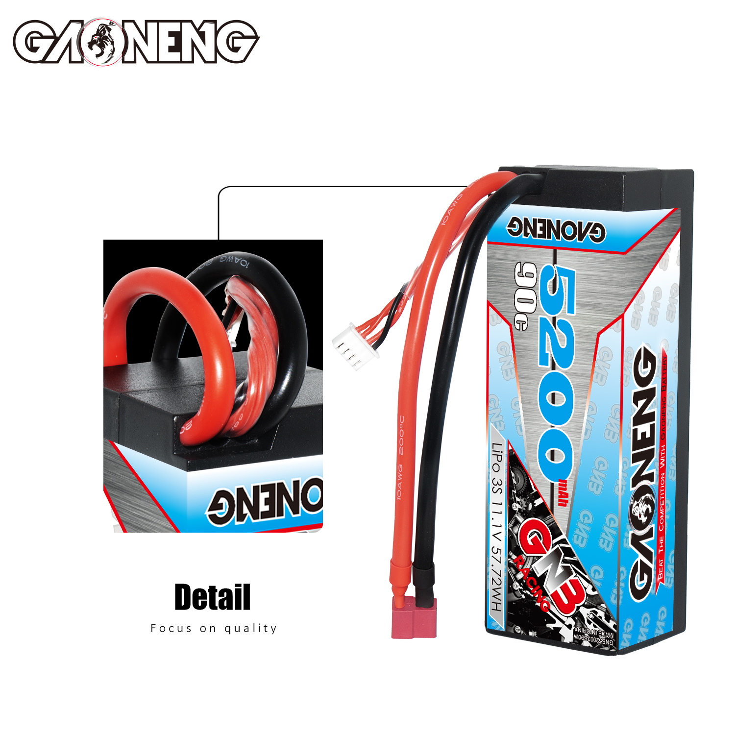 GAONENG GNB 3S 11.1V 5200mAh 90C Cabled Hard Case LiPo Battery T-PLUG