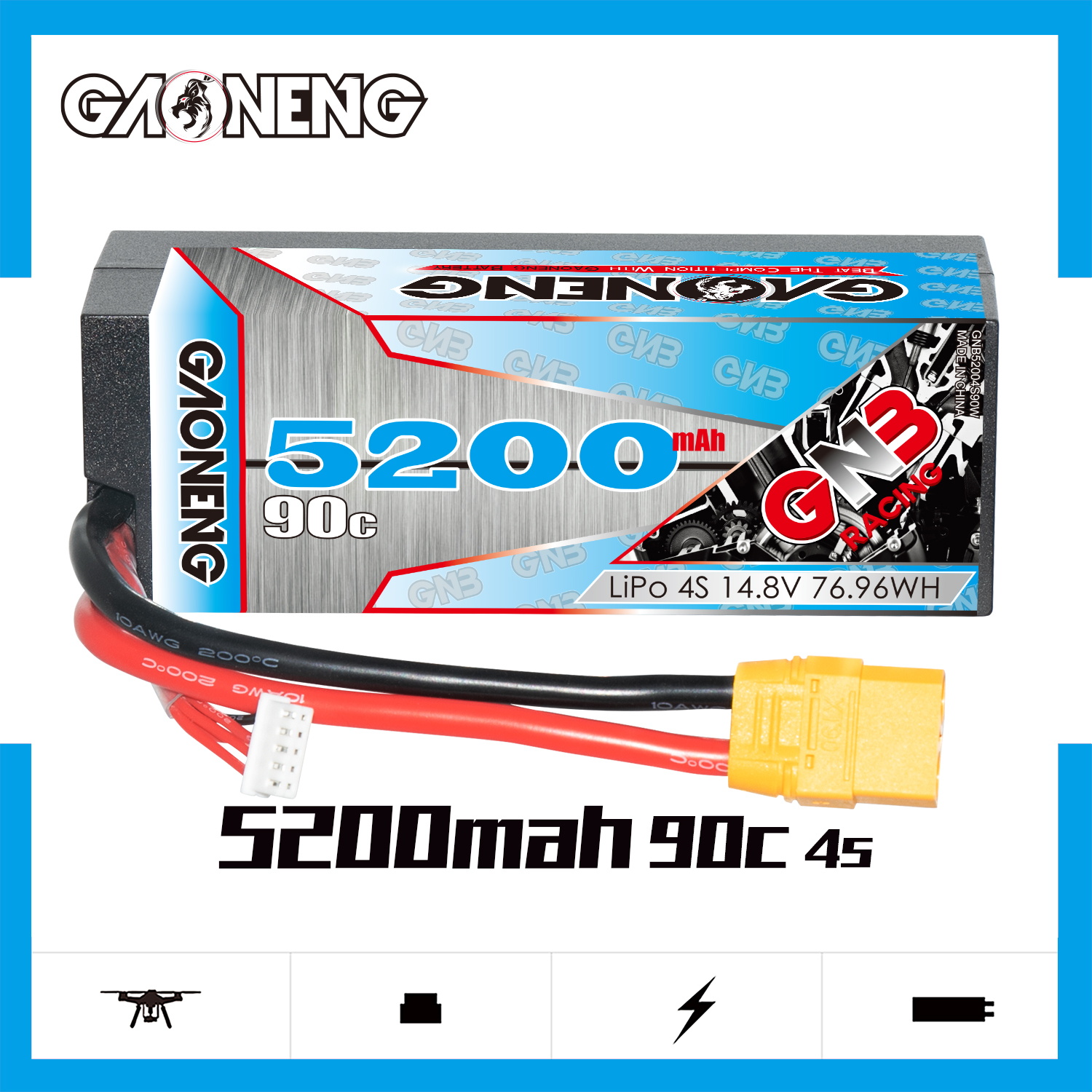 GAONENG GNB 4S 14.8V 5200mAh 90C Cabled Hard Case LiPo Battery XT90