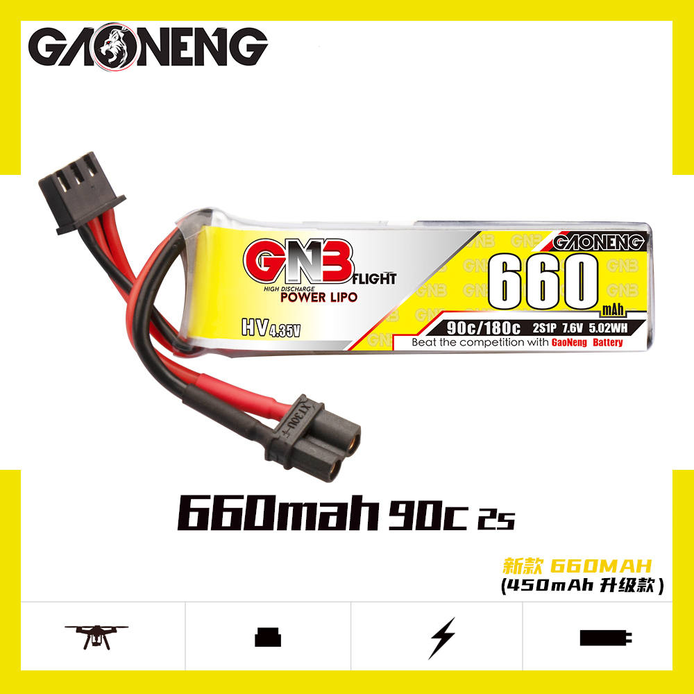 4PCS - GAONENG GNB LiHV 2S 7.6V 660mAh 90C XT30 LiPo Battery