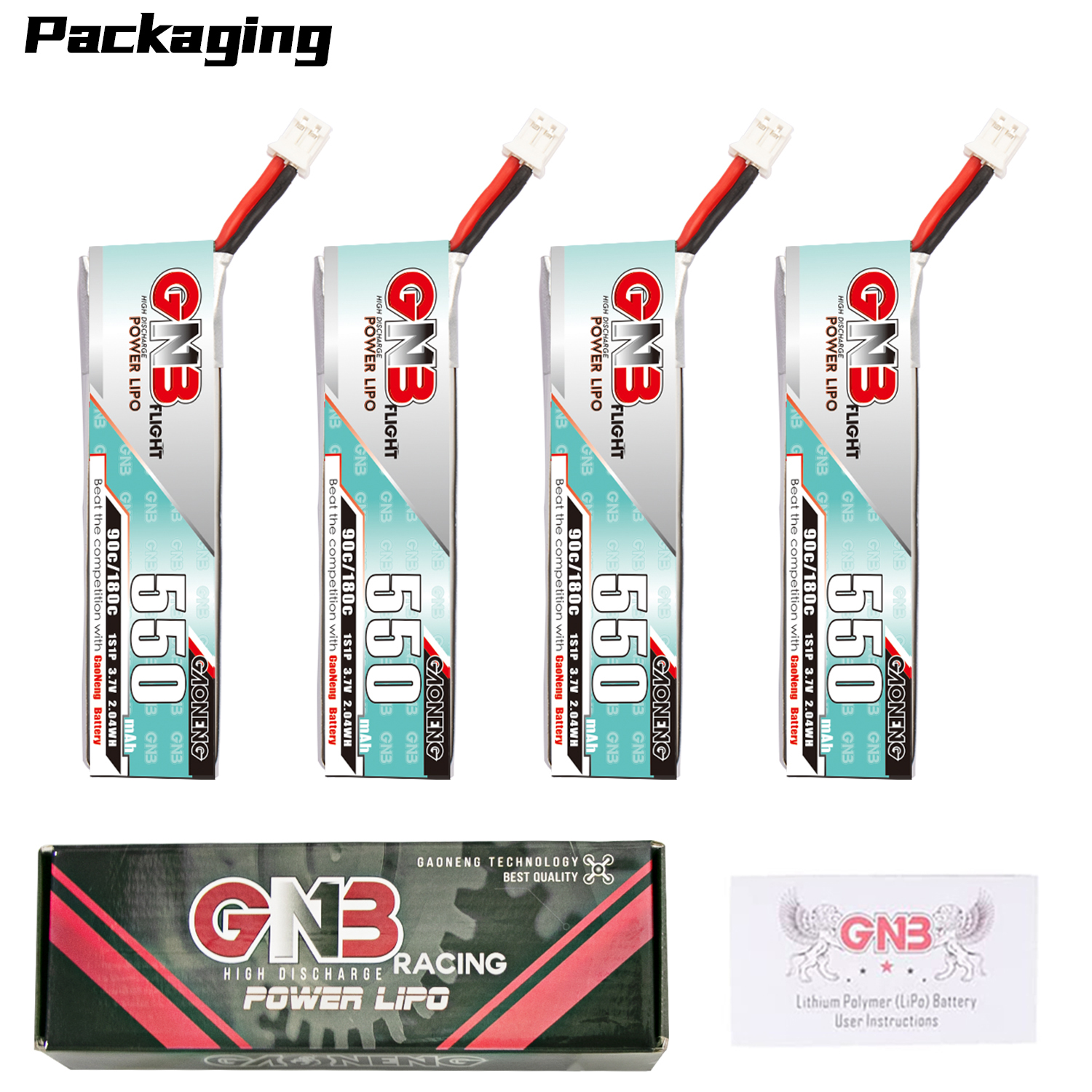 4PCS - GAONENG GNB 1S 3.7V 550mAh 90C PH2.0 Cabled LiPo Battery