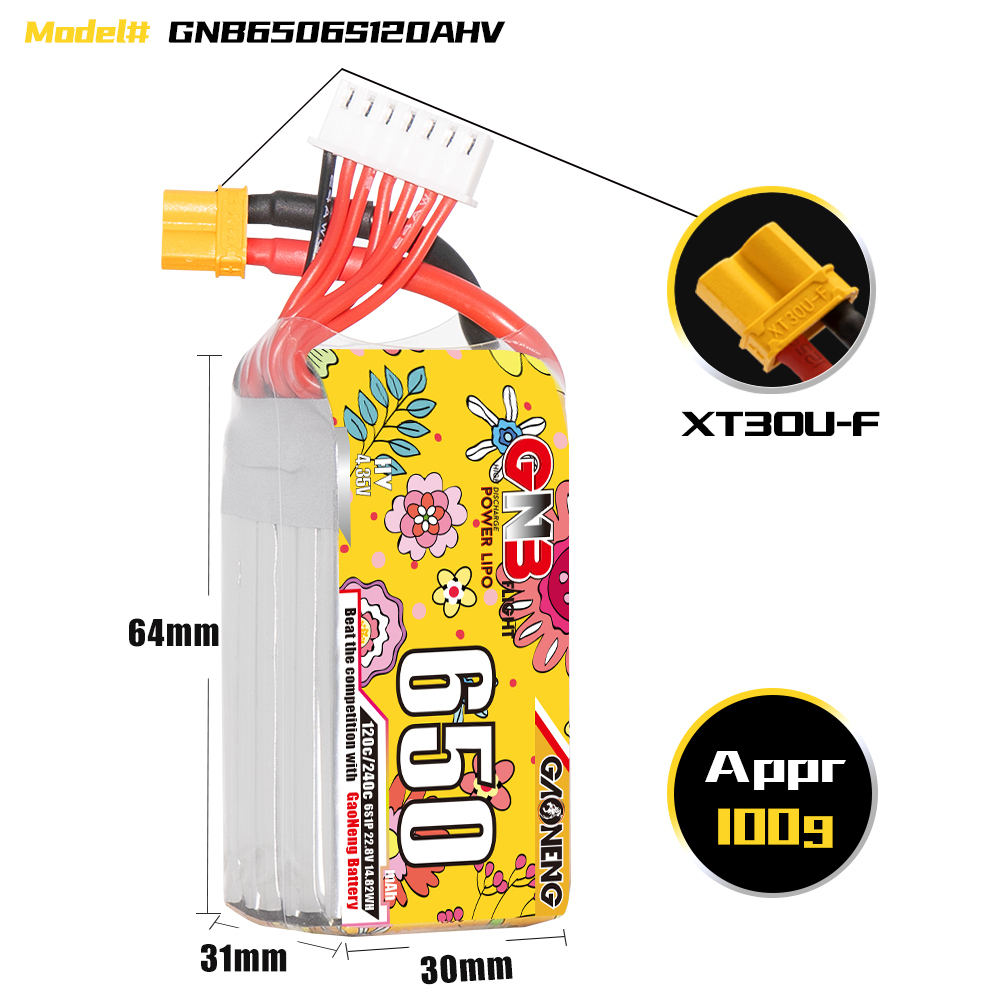 2PCS - GAONENG GNB LiHV 6S 22.8V 650mAh 120C XT30 LiPo Battery