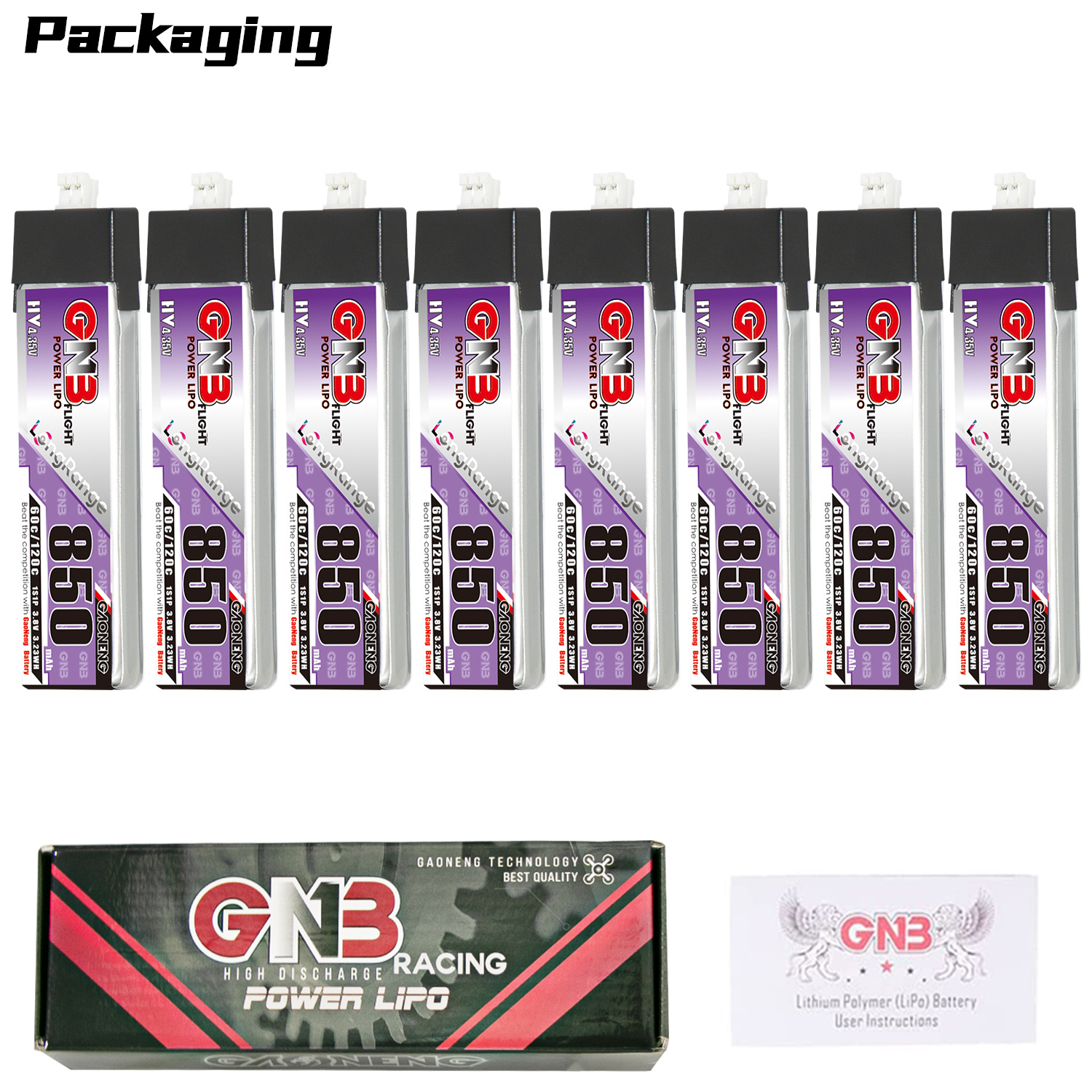 GAONENG GNB LiHV 1S 3.8V 850mAh 60C PH2.0 Plastic Head LiPo Battery Long Range
