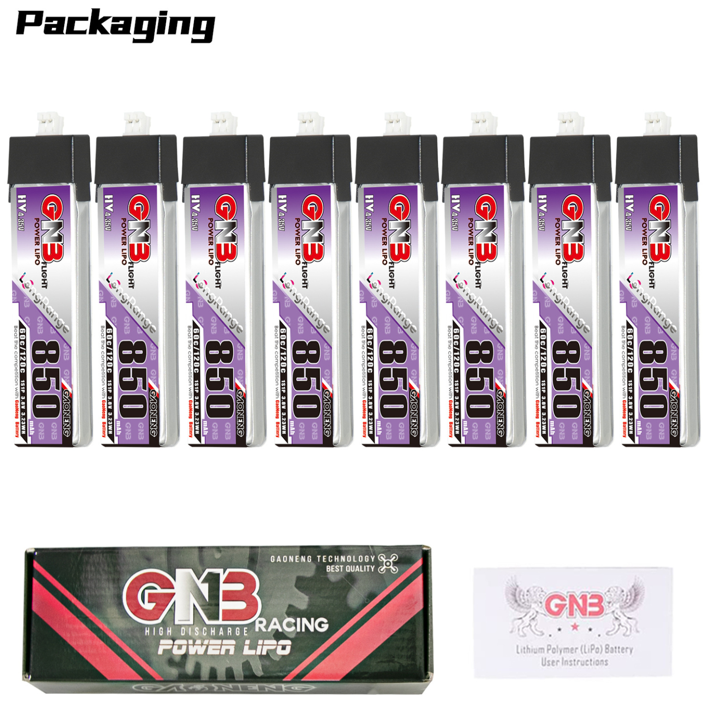 GAONENG GNB LiHV 1S 3.8V 850mAh 60C PH2.0 Plastic Head LiPo Battery Long Range