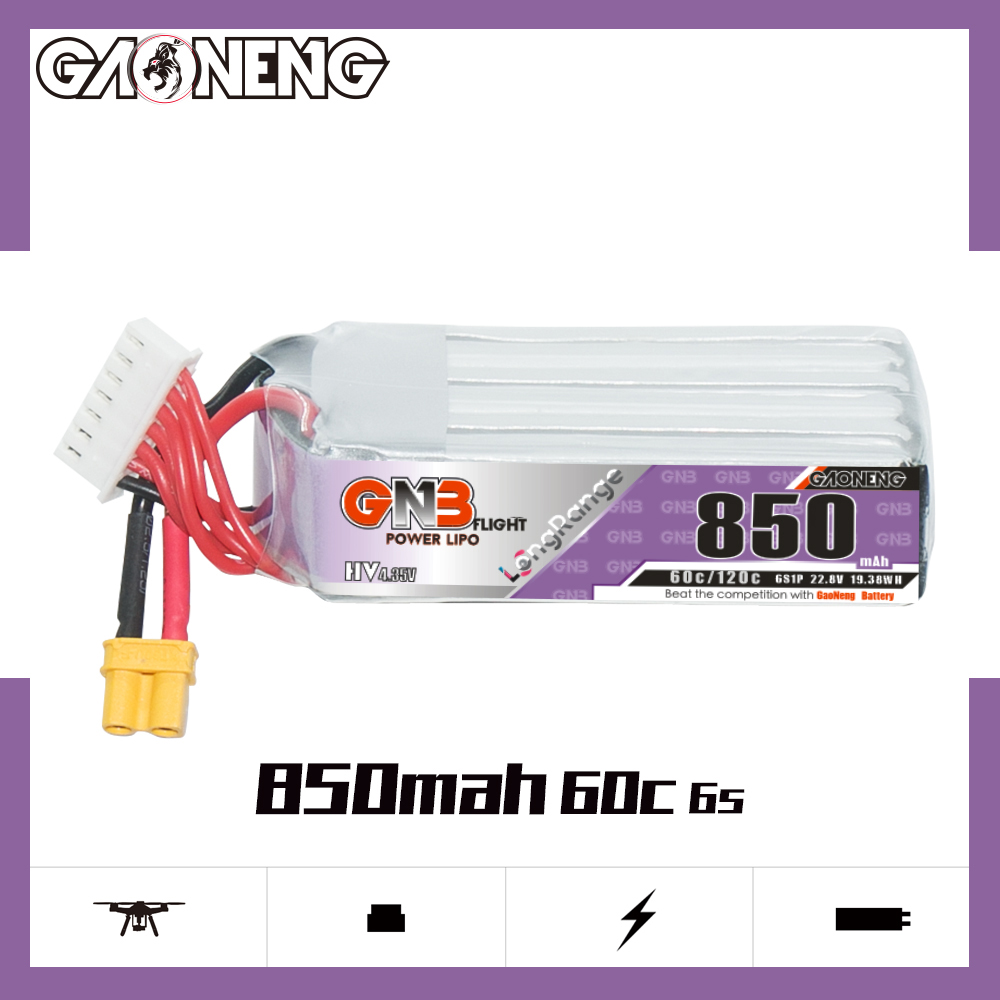 GAONENG GNB LiHV 6S 22.8V 850mAh 60C XT30 LiPo Battery Long Type