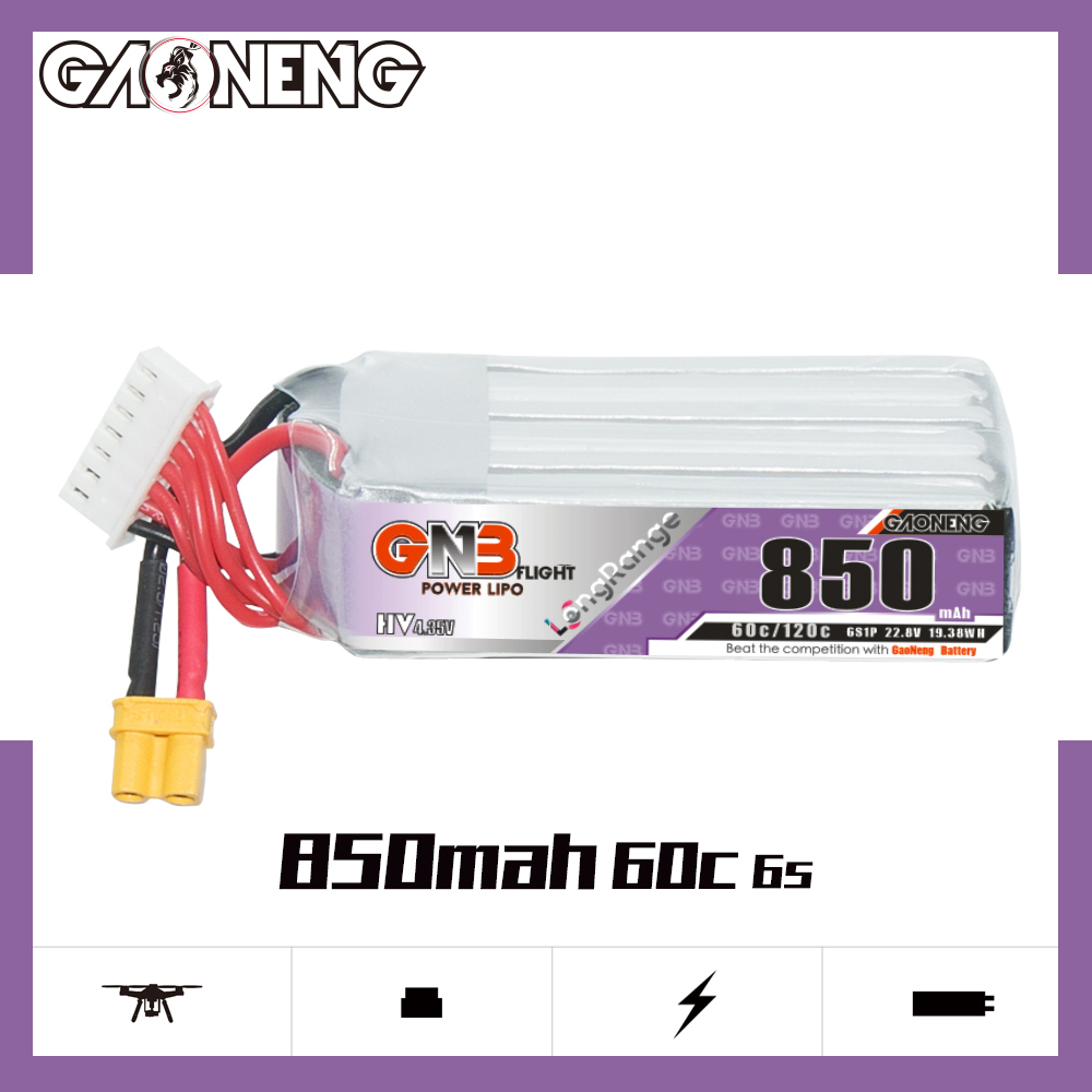 GAONENG GNB LiHV 6S 22.8V 850mAh 60C XT30 LiPo Battery Long Type