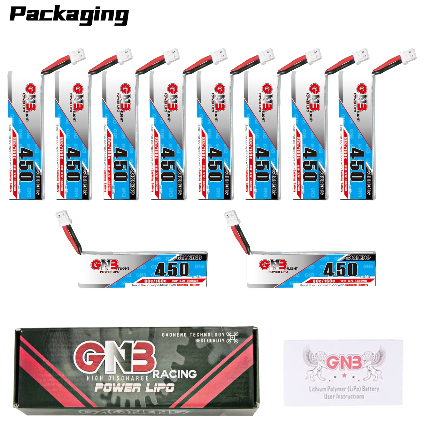 GAONENG GNB 1S 3.7V 450mAh 80C PH2.0 Cabled LiPo Battery Long Type