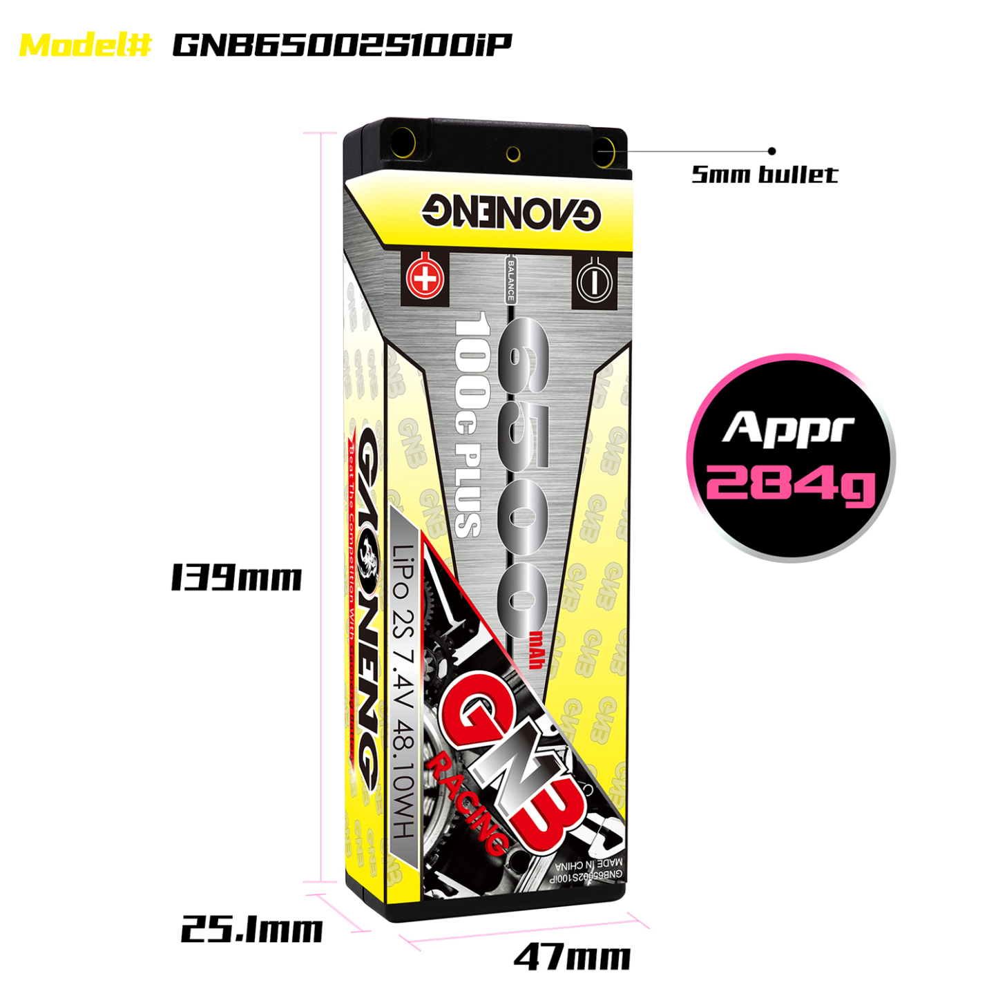 1PCS - GAONENG GNB 2S 7.4V 6500mAh 100C Hard Case LiPo Battery XT60