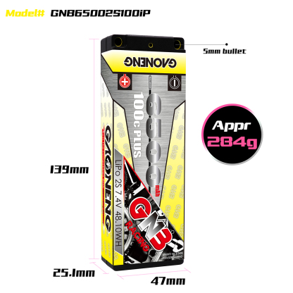1PCS - GAONENG GNB 2S 7.4V 6500mAh 100C Hard Case LiPo Battery XT60