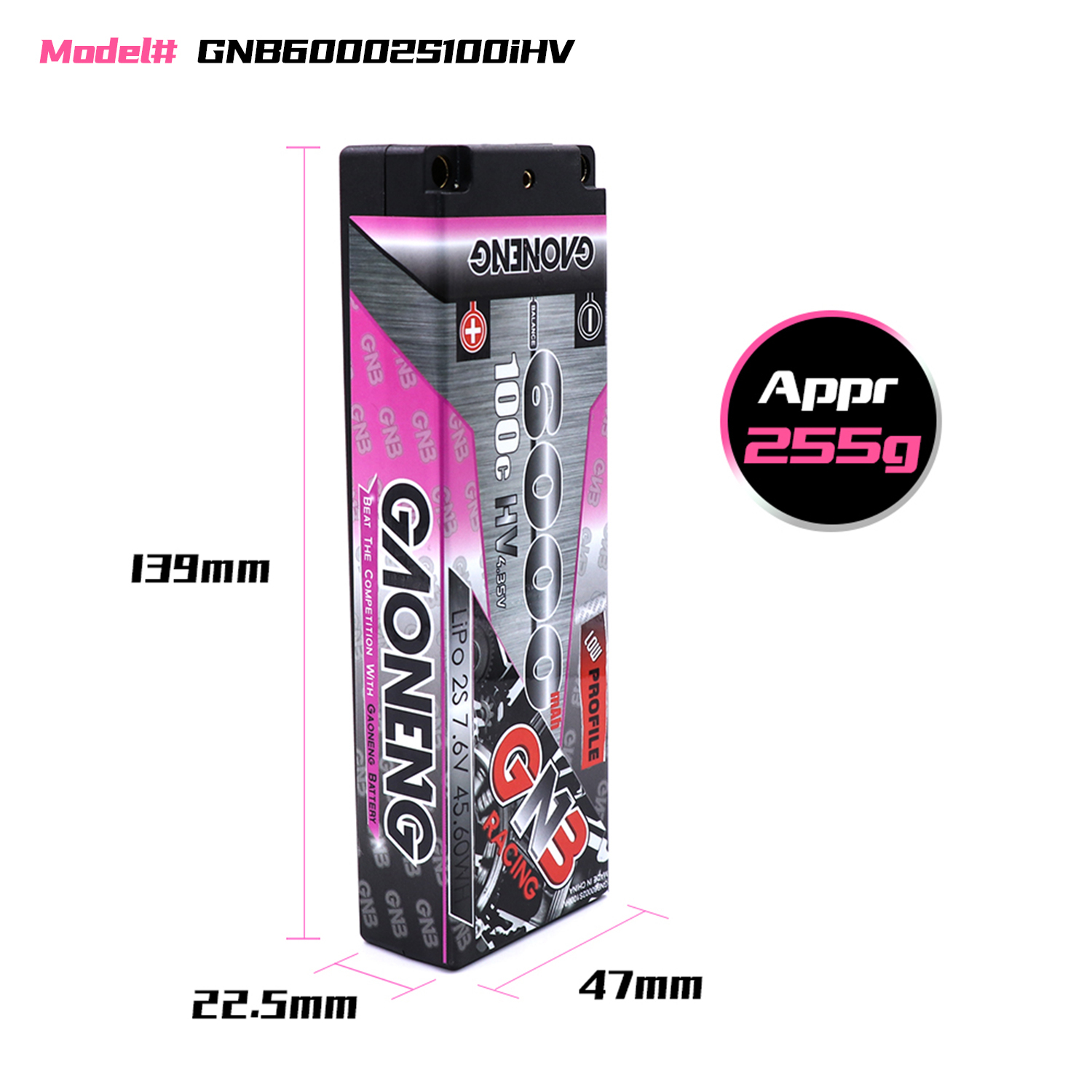 GAONENG GNB LiHV 2S 7.6V 6000mAh 100C 5mm Bullet Hard Case LCG LiPo Battery