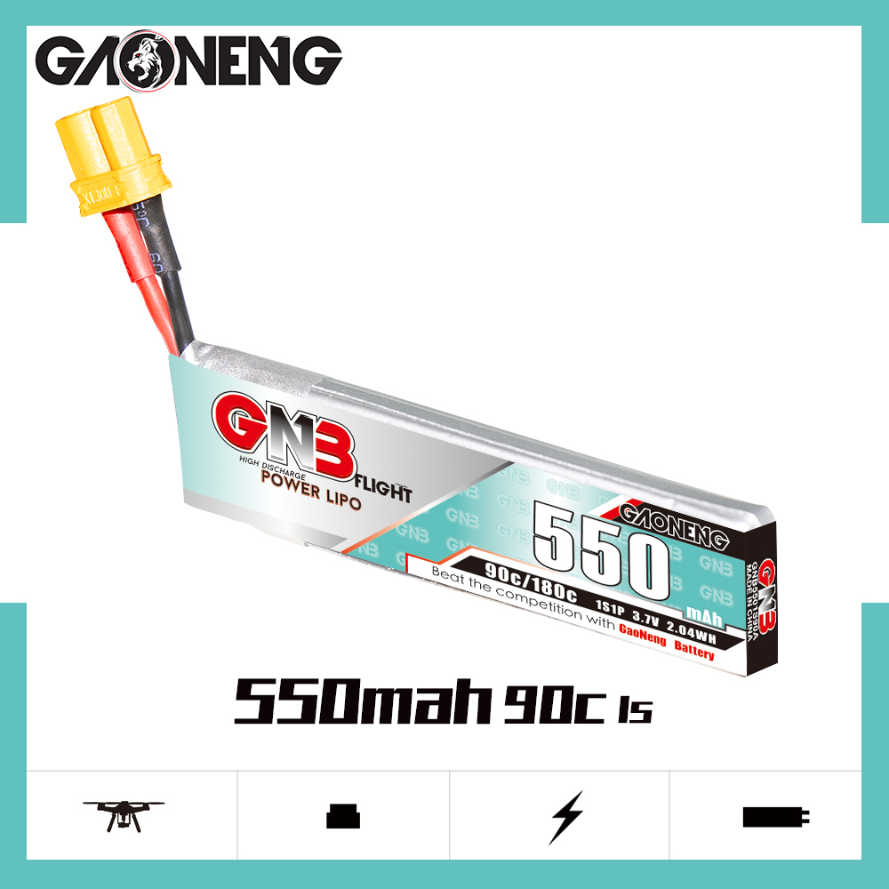 4PCS - GAONENG GNB 1S 3.7V 550mAh 90C XT30 Cabled LiPo Battery