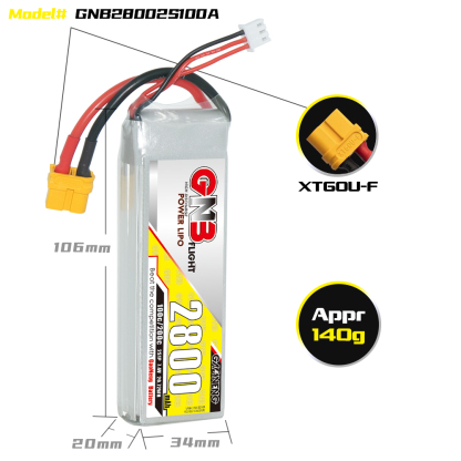 2PCS - GAONENG GNB 2S 7.4V 2800mAh 100C LiPo Battery XT60 Connector