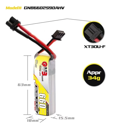 4PCS - GAONENG GNB LiHV 2S 7.6V 660mAh 90C XT30 LiPo Battery
