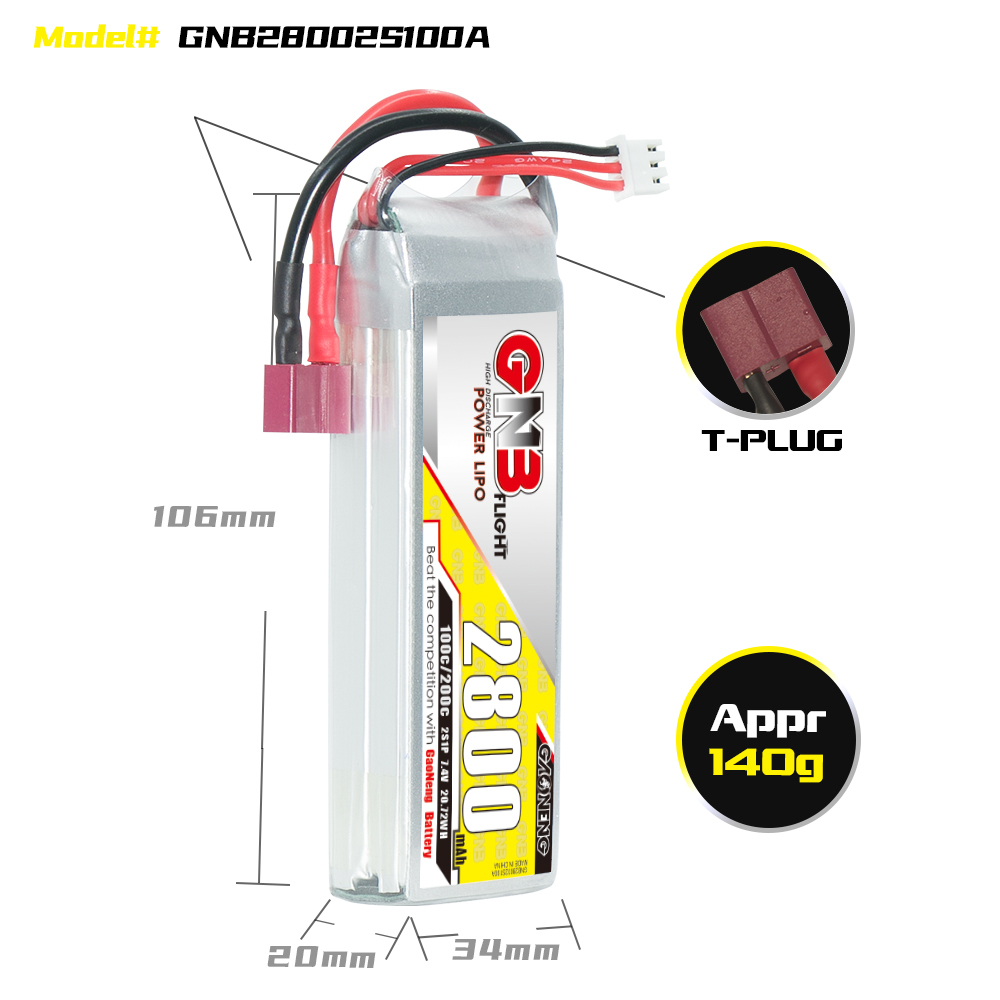 GAONENG GNB 2S 7.4V 2800mAh 100C T-Plug LiPo Battery FPV Drone Quad Cars