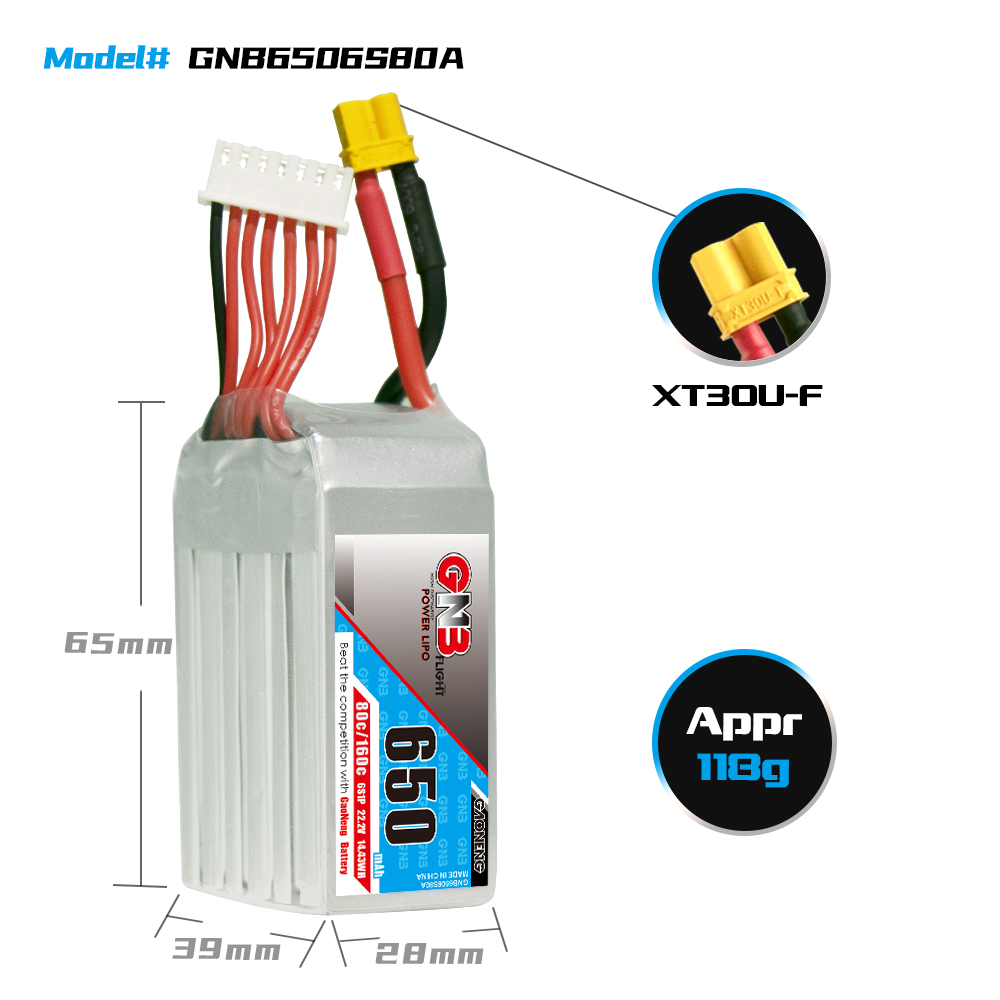 GAONENG GNB 6S 22.2V 650mAh 80C XT30 LiPo Battery