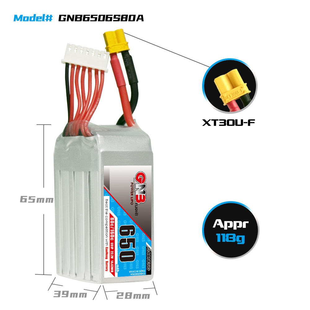 GAONENG GNB 6S 22.2V 650mAh 80C XT30 LiPo Battery