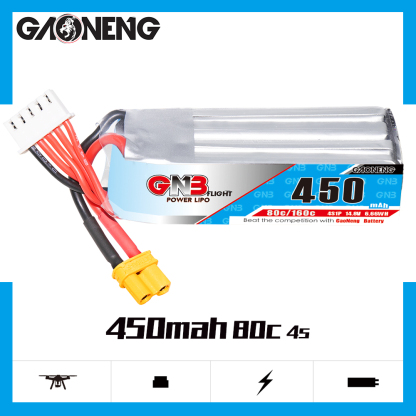 2PCS - GAONENG GNB 4S 14.8V 450mAh 80C XT30 LiPo Battery Long Type