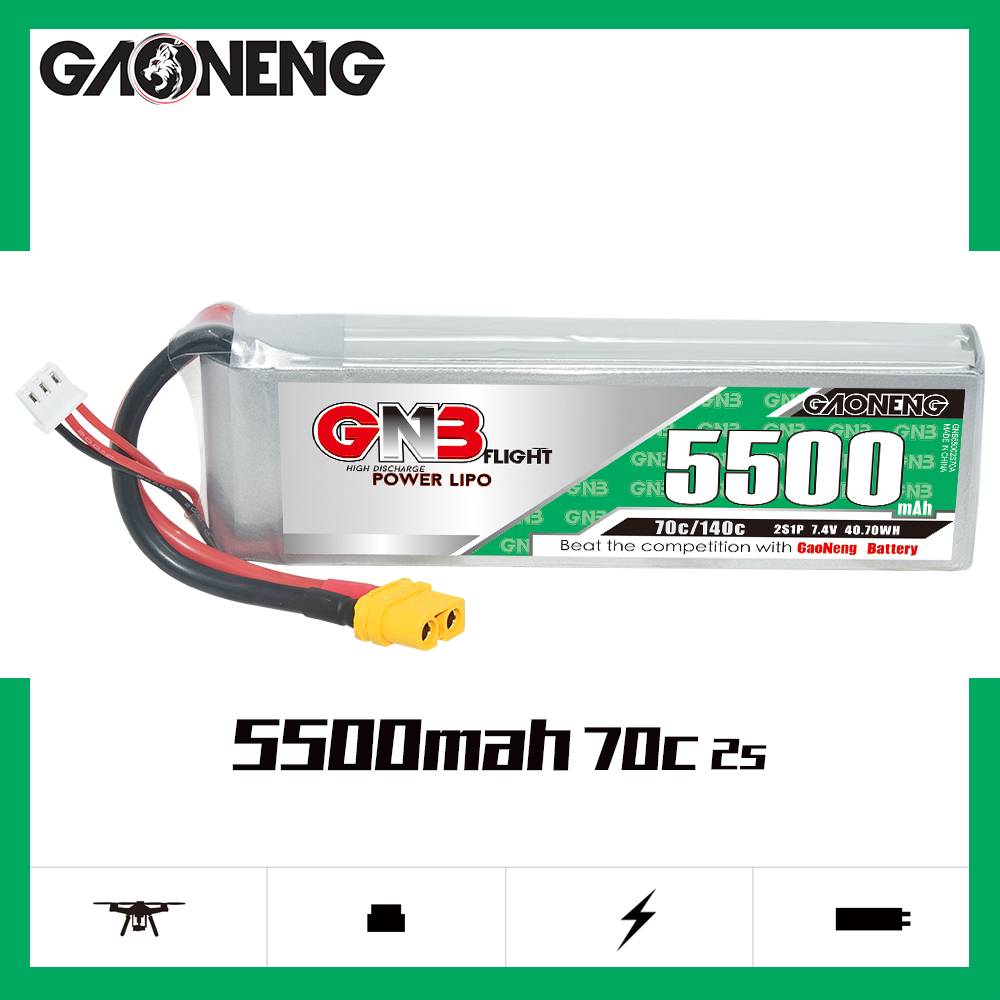 1PCS - GAONENG GNB 2S 7.4V 5500mAh 70C LiPo Battery XT60
