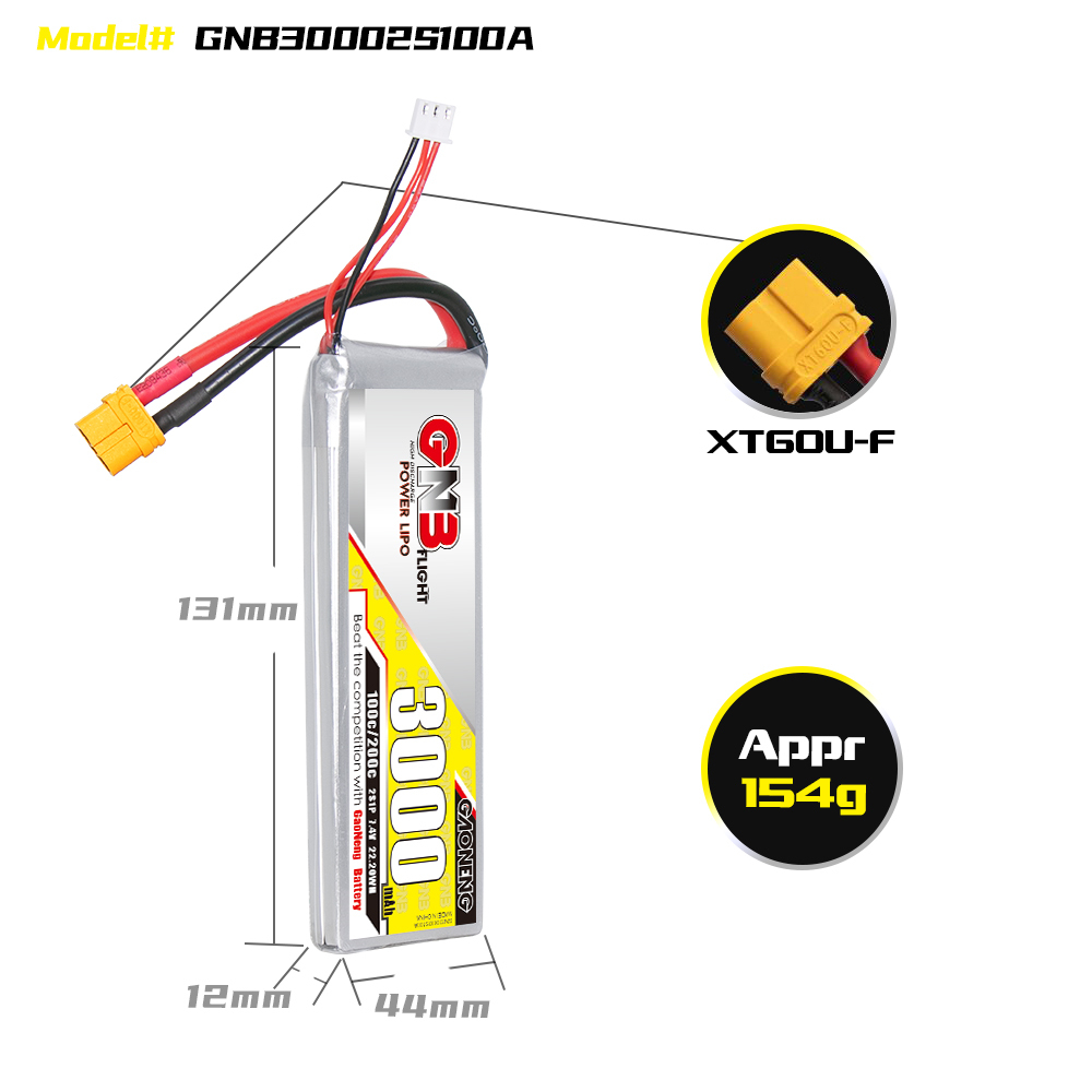1PC - GAONENG GNB 2S 7.4V 3000mAh 100C LiPo Battery XT60