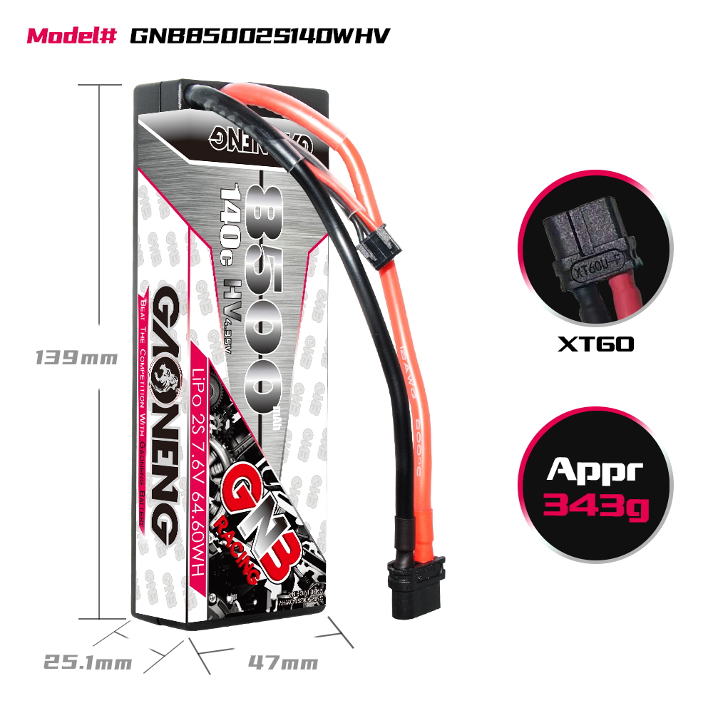 1PC - GAONENG GNB LiHV 2S 7.6V 8500mAh 140C Cabled Hard Case LiPo Battery XT60
