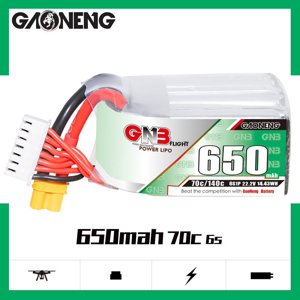 2PCS - GAONENG GNB 6S 22.2V 650mAh 70C XT30 LiPo Battery