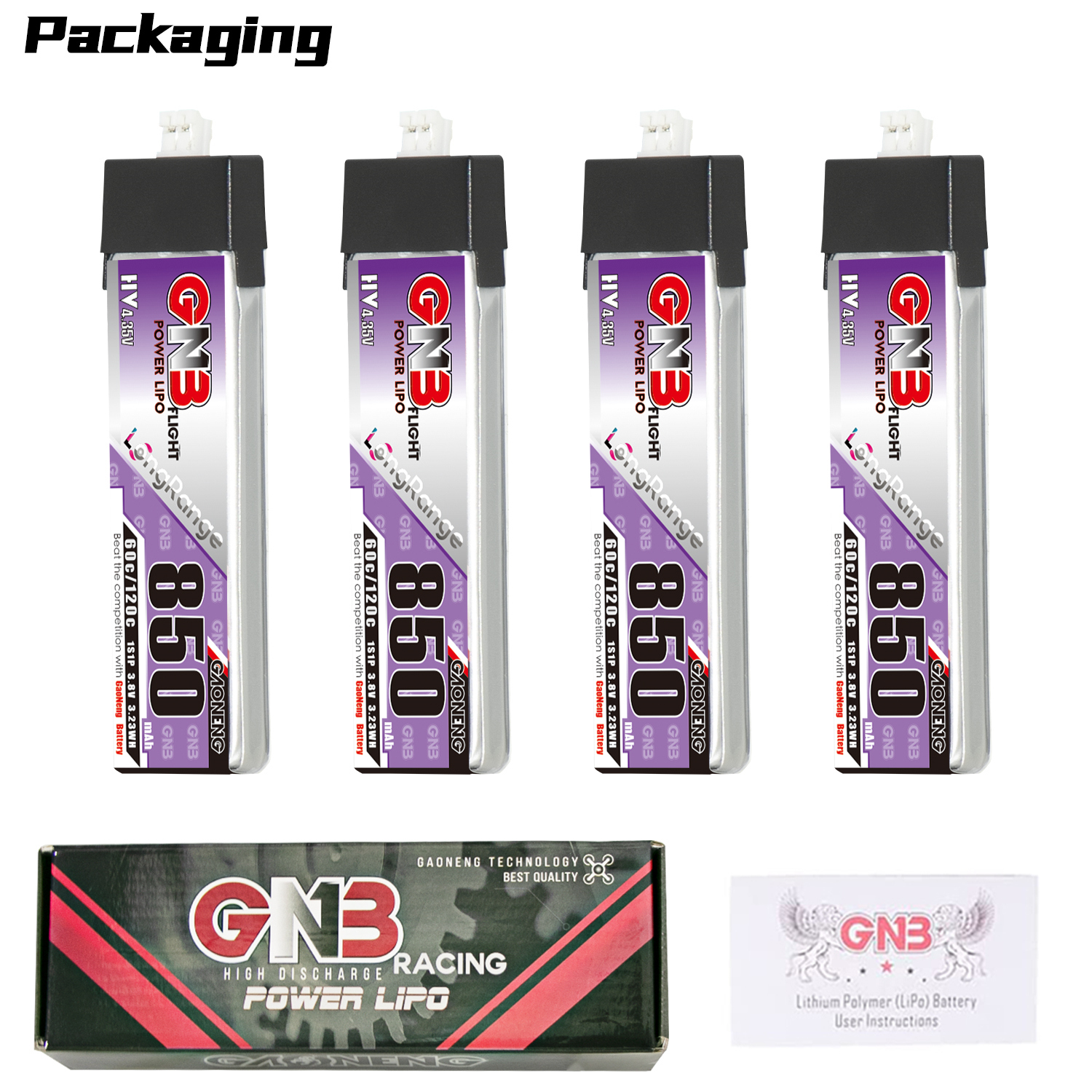 GAONENG GNB LiHV 1S 3.8V 850mAh 60C PH2.0 Plastic Head LiPo Battery Long Range