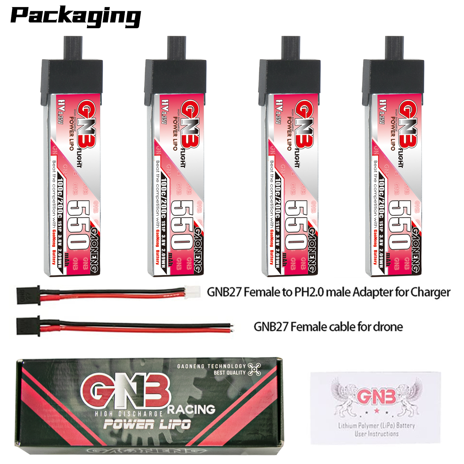 GAONENG GNB LiHV 1S 3.8V 550mAh 100C GNB27 Plastic Head LiPo Battery