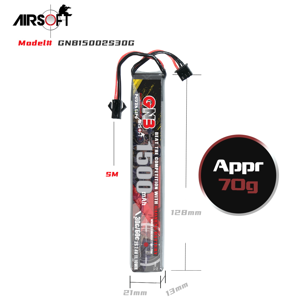 2PCS - GAONENG GNB 2S 7.4V 1500mAh 30C SM Plug LiPo Battery for AirSoft