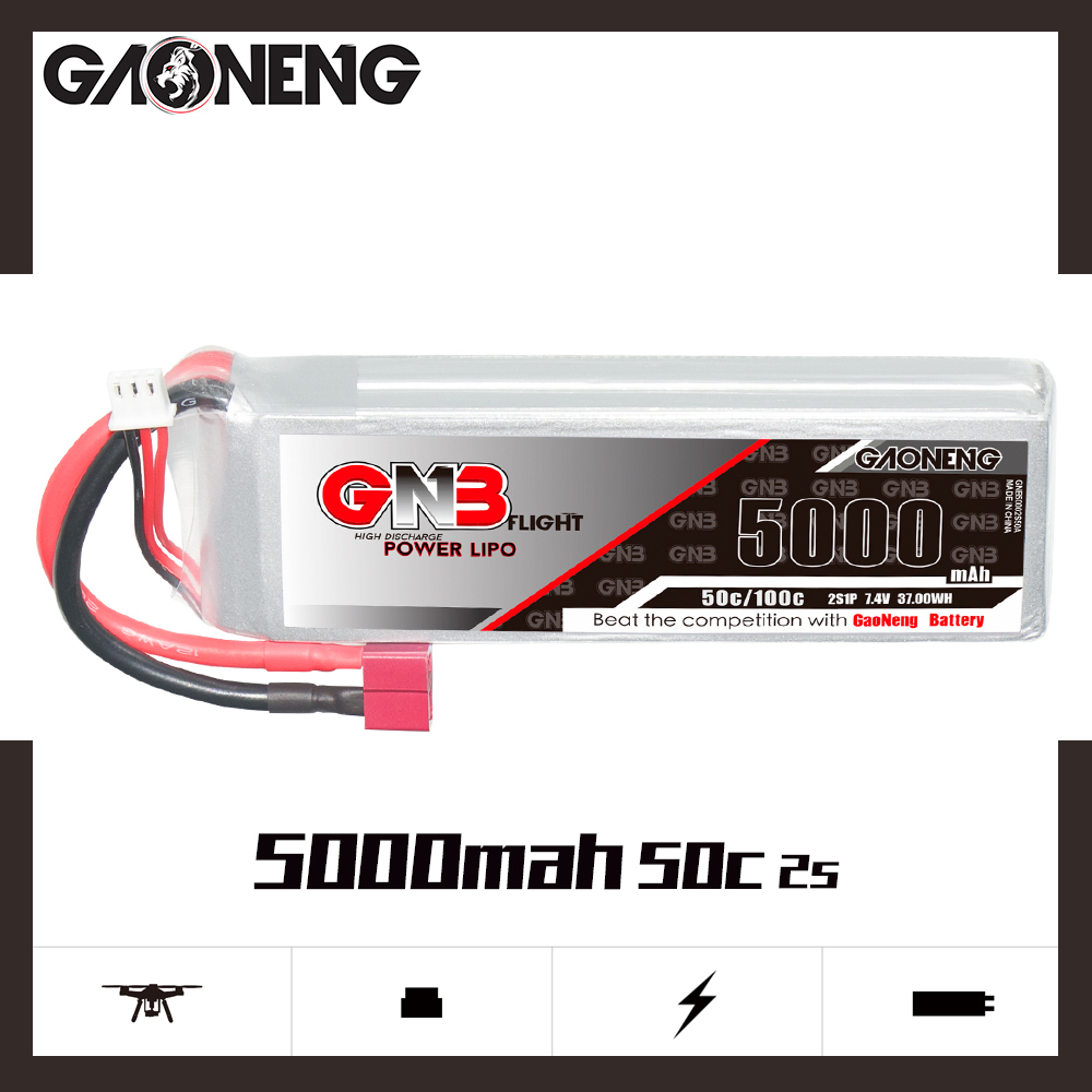 1PCS - GAONENG GNB 2S 7.4V 5000mAh 50C LiPo Battery T-Plug