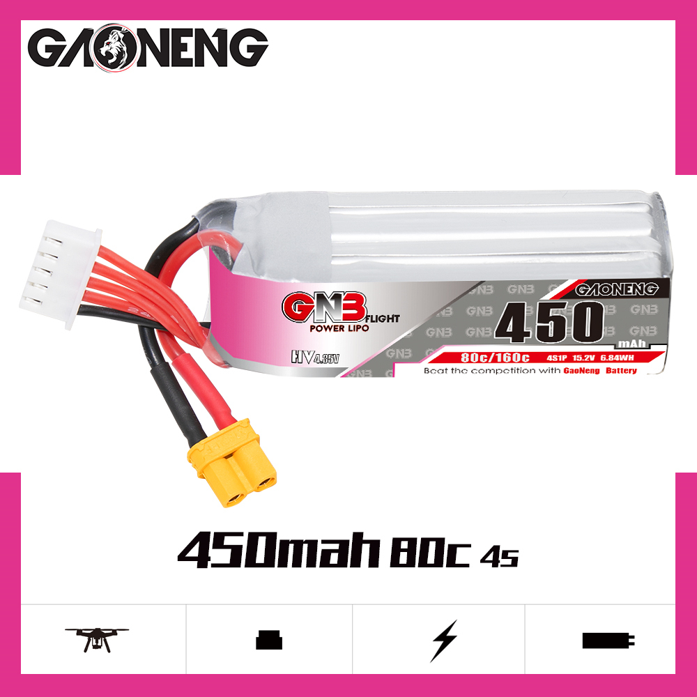 2PCS - GAONENG GNB LiHV 4S 15.2V 450mAh 80C XT30 LiPo Battery Long Type