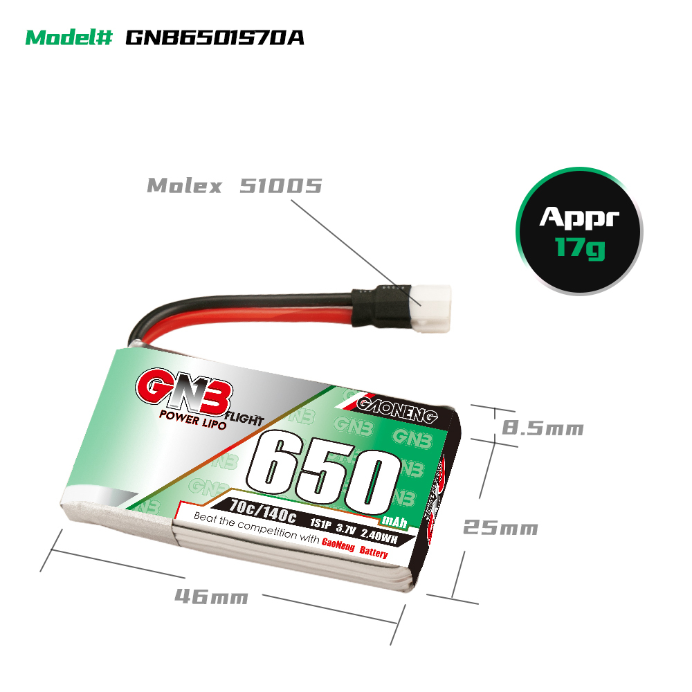 4PCS - GAONENG GNB 1S 3.7V 650mAh 70C Molex 51005 Connector LiPo Battery