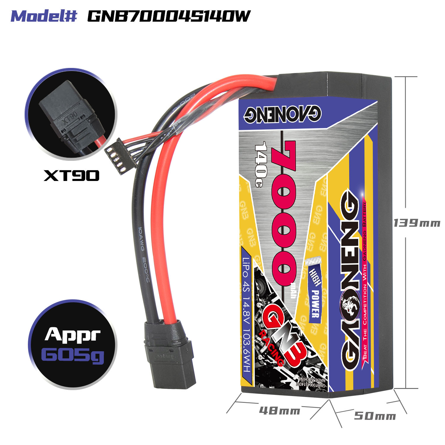 GAONENG GNB 4S 14.8V 7000mAh 140C Cabled Hard Case LiPo Battery XT90
