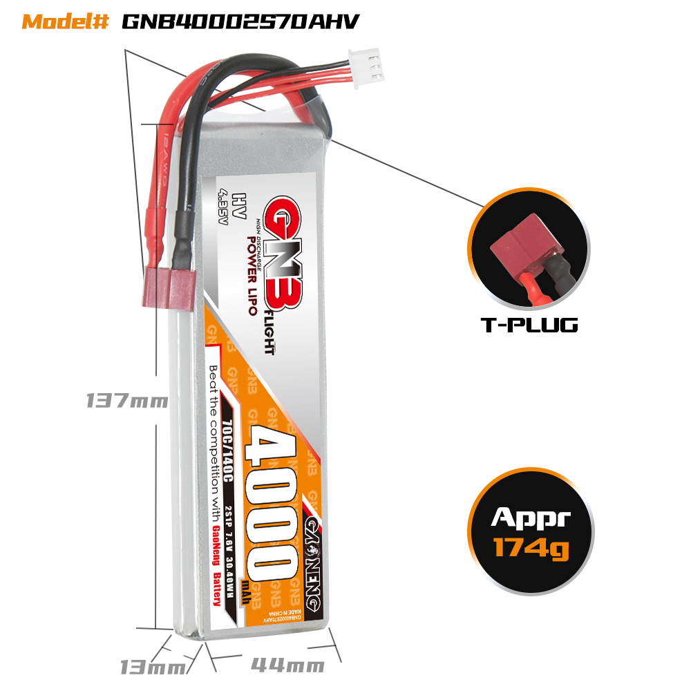 GAONENG GNB LiHV 2S 7.6V 4000mAh 70C LiPo Battery T-PLUG