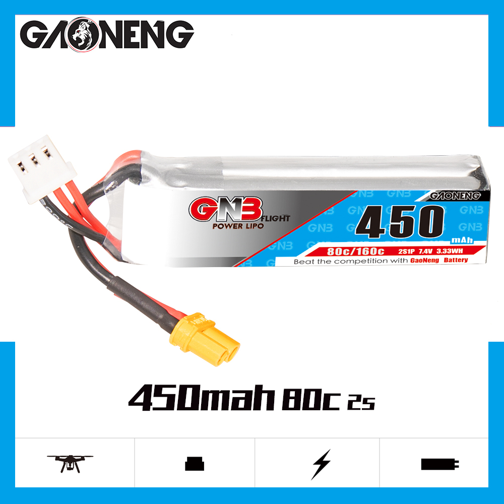4PCS - GAONENG GNB 2S 7.4V 450mAh 80C XT30 LiPo Battery Long Type