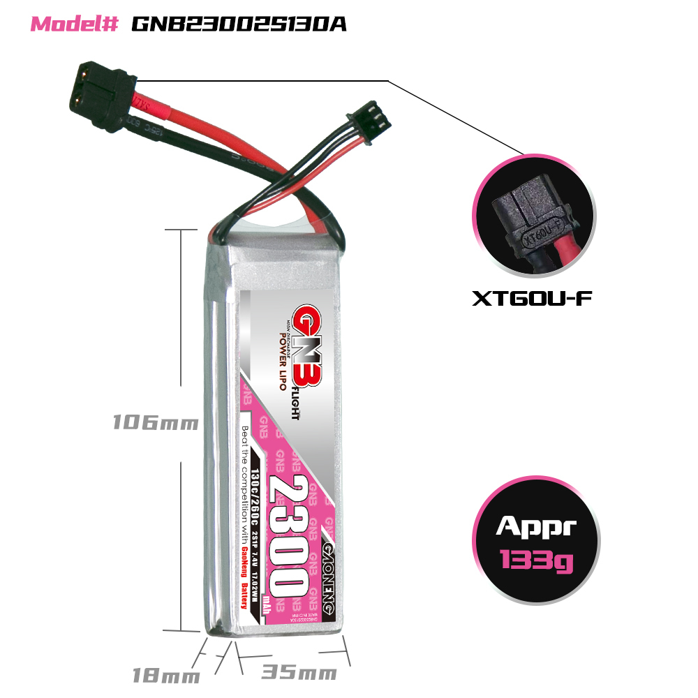 GAONENG GNB 2S 7.4V 2300mAh 130C LiPo Battery XT60 Connector