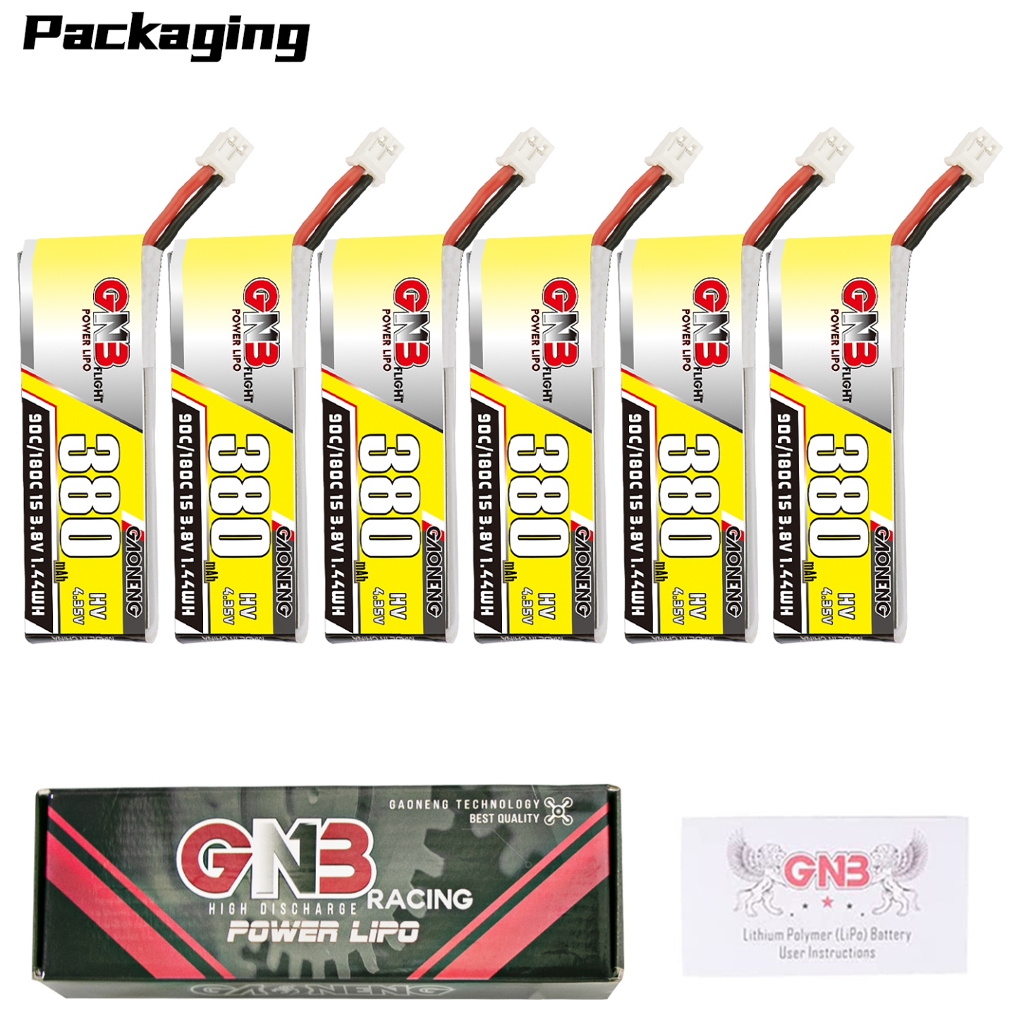 GAONENG GNB LiHV 1S 3.8V 380mAh 90C PH2.0 Cabled LiPo Battery