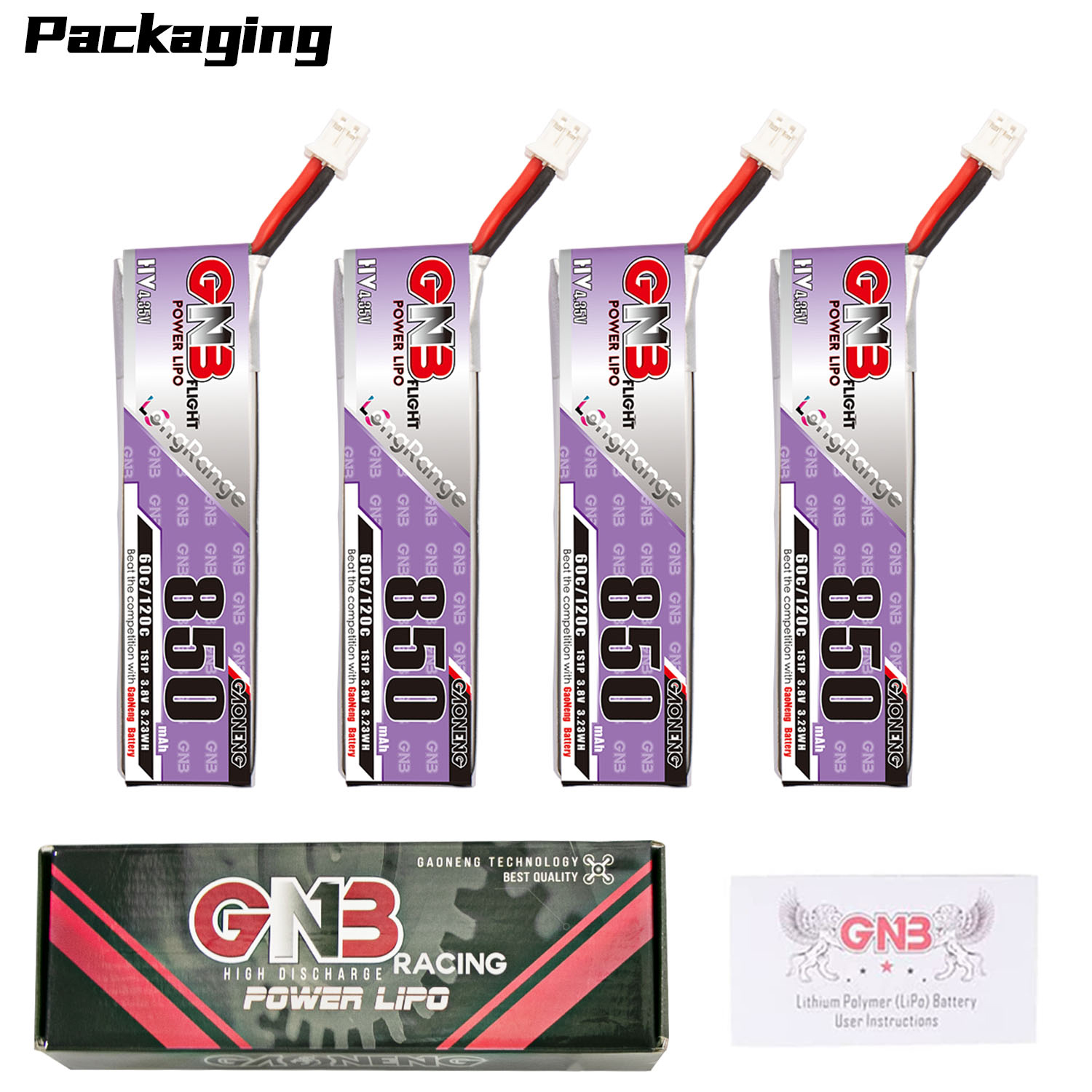 4PCS - GAONENG GNB LiHV 1S 3.8V 850mAh 60C PH2.0 Cabled LiPo Battery