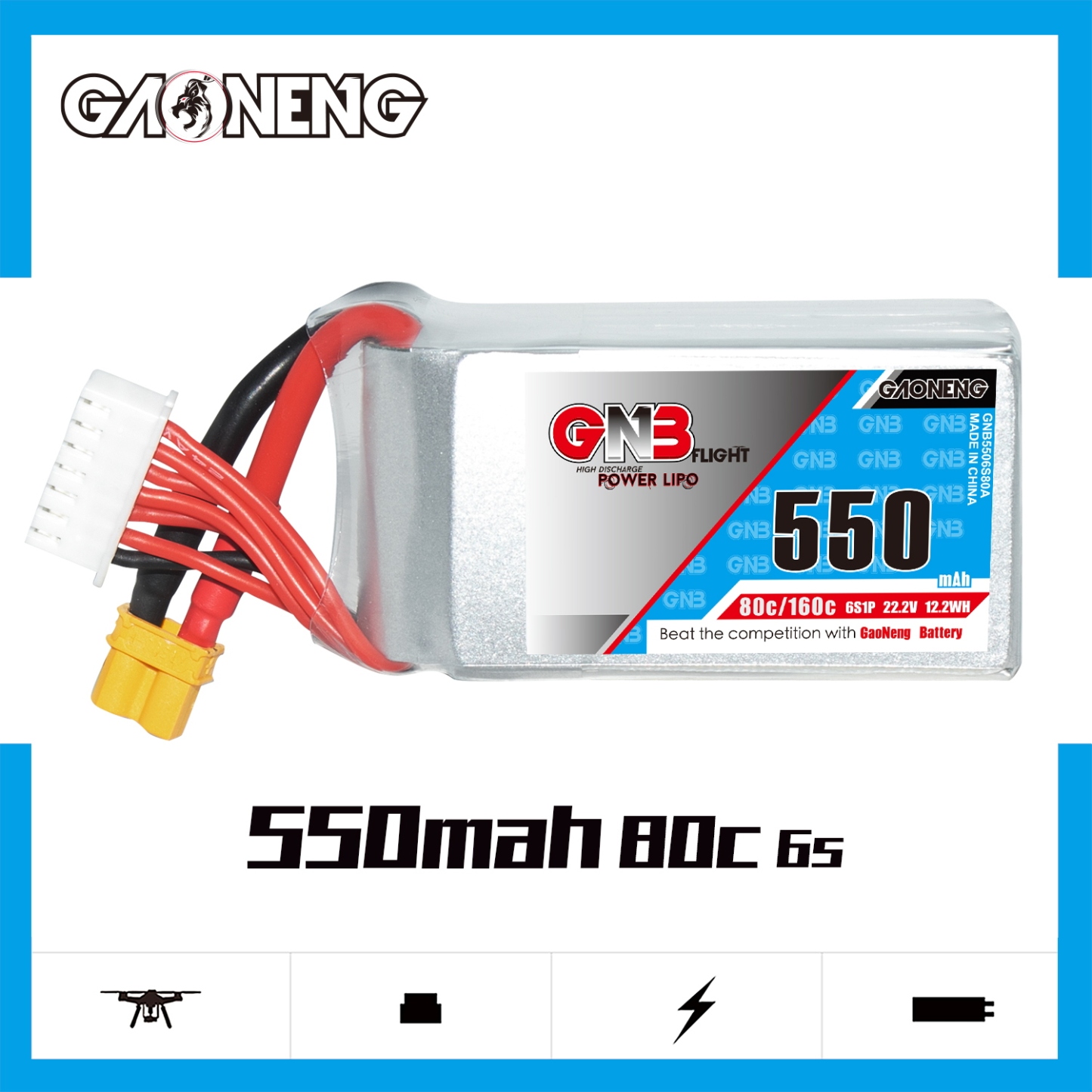 GAONENG GNB 6S 22.2V 550mAh 80C XT30 LiPo Battery