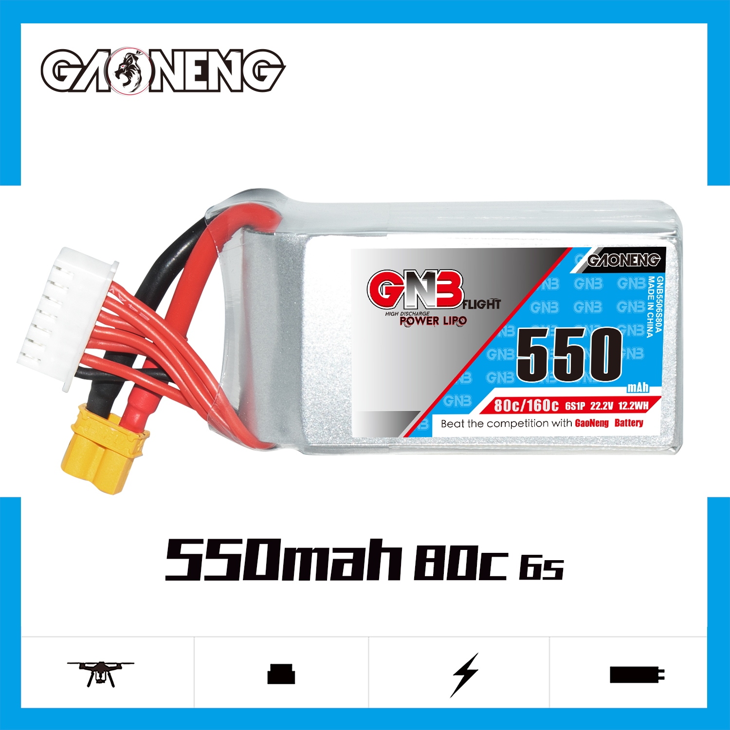 GAONENG GNB 6S 22.2V 550mAh 80C XT30 LiPo Battery
