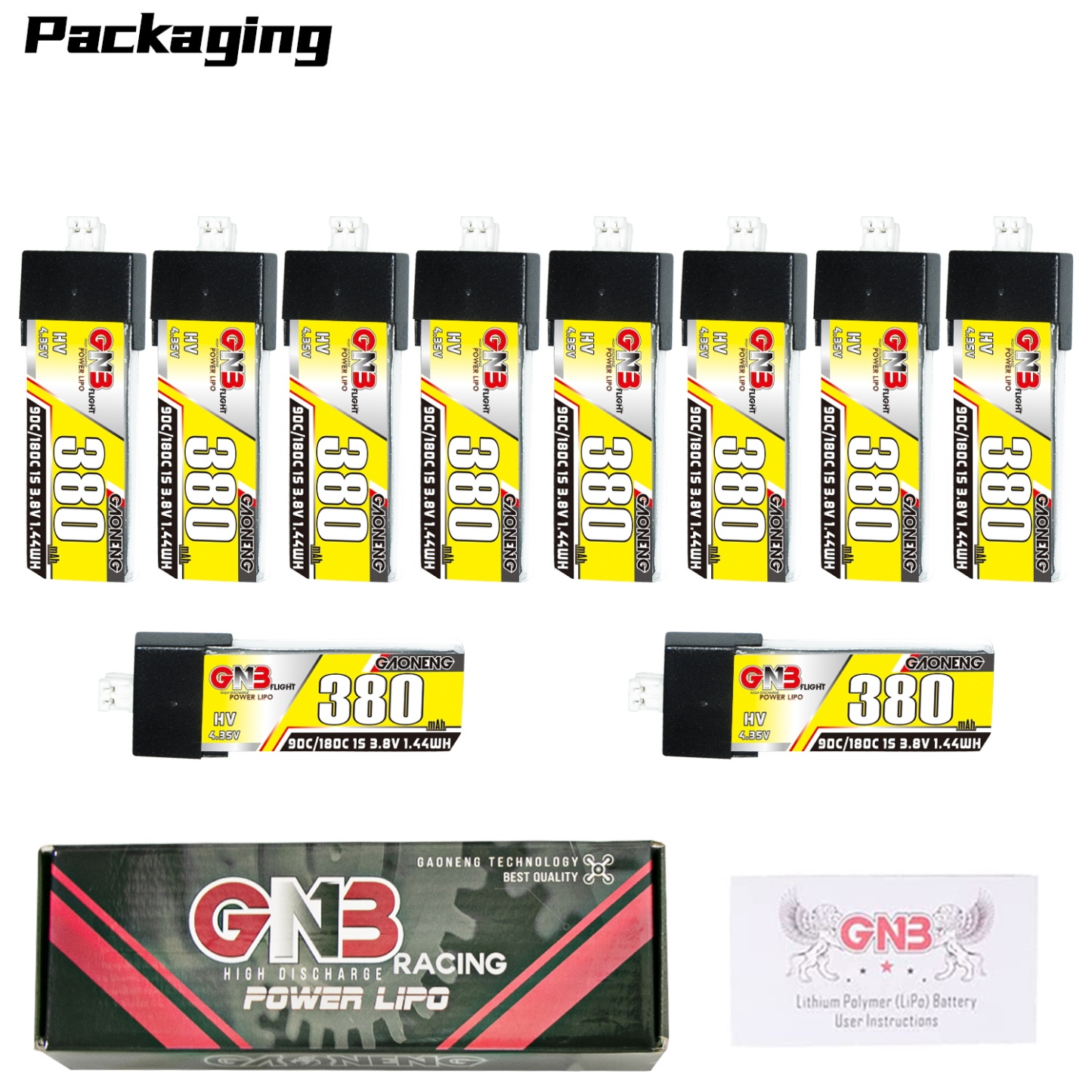 GAONENG GNB LiHV 1S 3.8V 380mAh 90C PH2.0 Plastic Head LiPo Battery