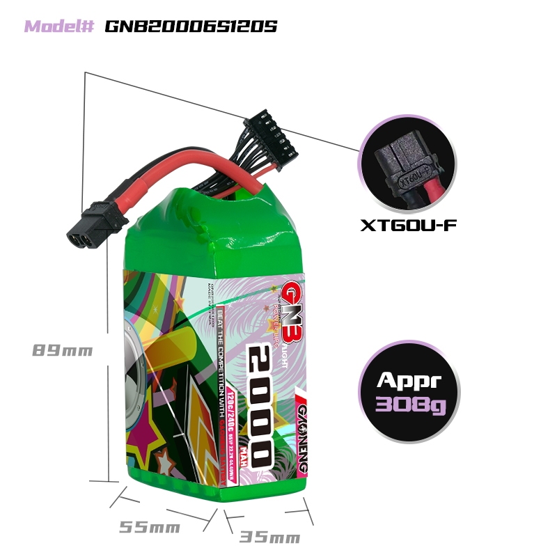 2PCS - GAONENG GNB 6S 22.2V 2000mAh 120C XT60 LiPo Battery