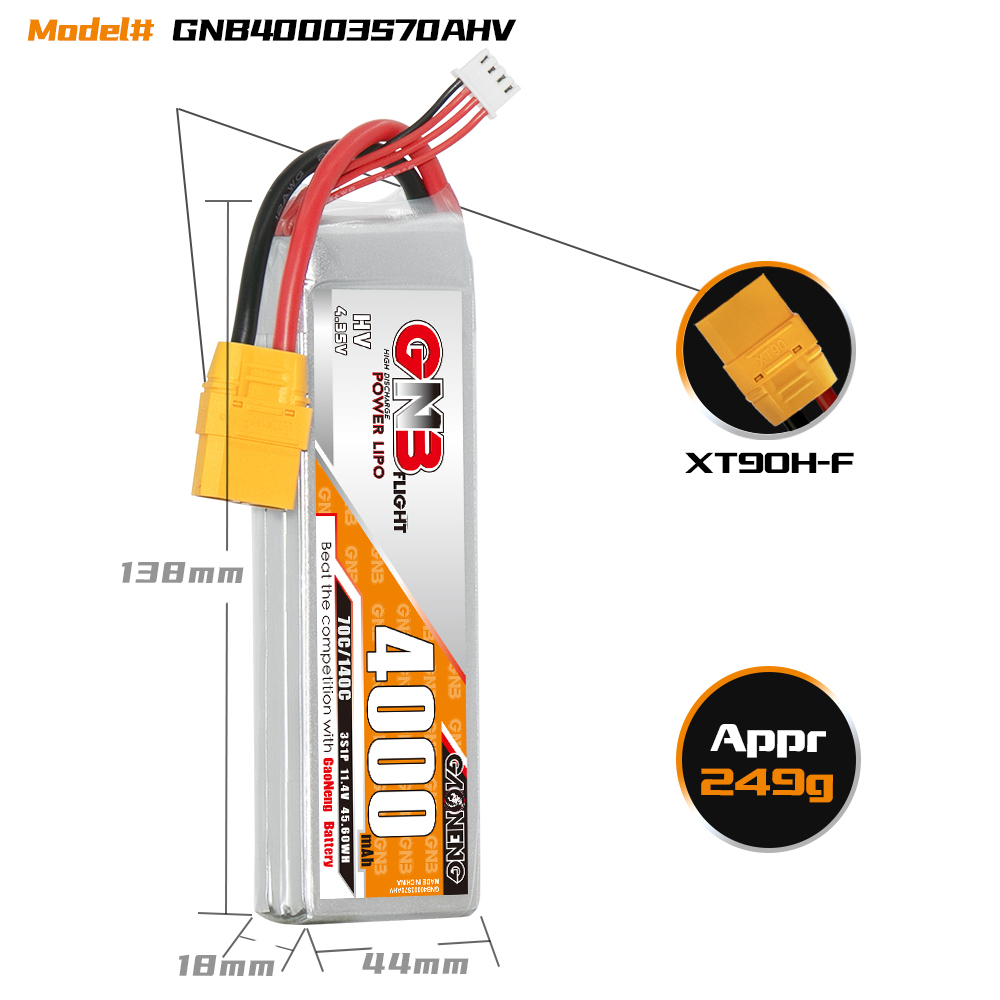GAONENG GNB LiHV 3S 11.4V 4000mAh 70C LiPo Battery XT90